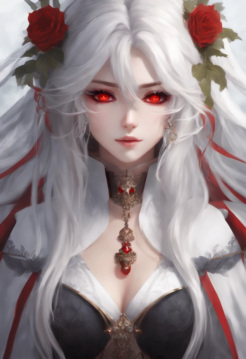 Anime female character with red eyes white hair showing her big