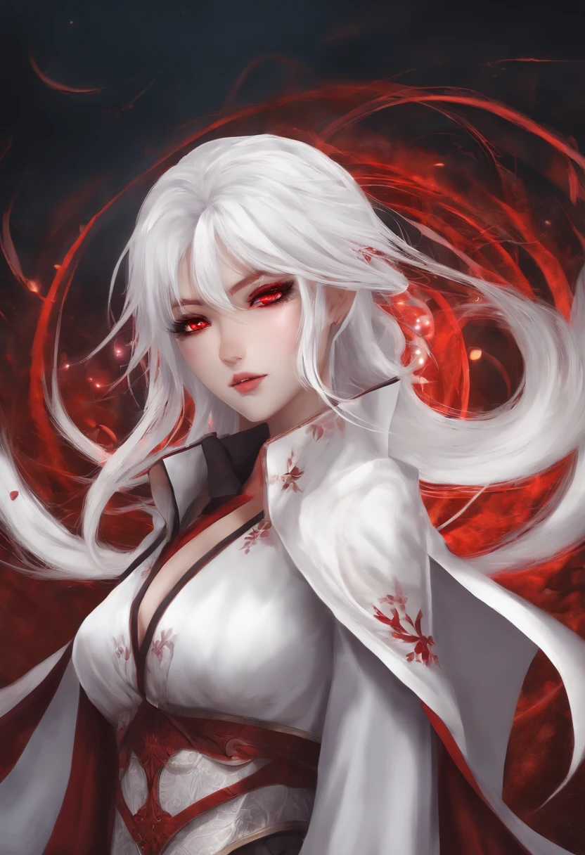 Anime female character with red eyes white hair showing her big