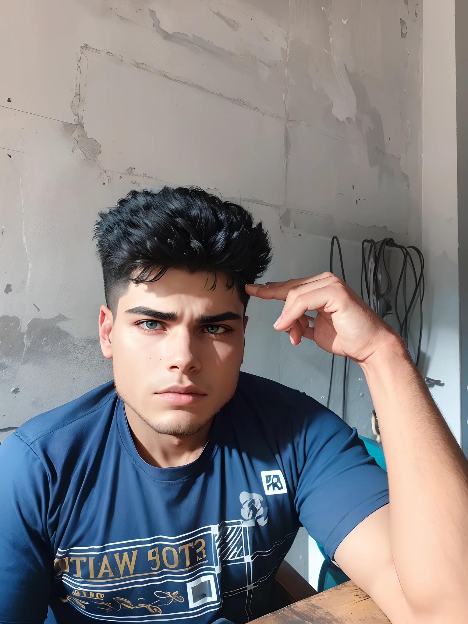 boy militar with black clothes, full body, have demon inside of his soul,demon face in his head, sitting with hands crossed, Cinematic ultra-realistic photography,realistic face,ar old face,