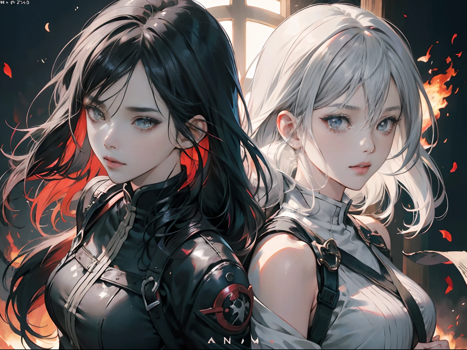 Anime, Two women back to back, Woman with gray hair and woman with long black hair、Battle for fire, Fade-in depiction of black and white wolves、Asymmetrical background、anime fantasy artwork, anime fantasy illustration, artgerm and atey ghailan, official artwork, anime style 4 k, artgerm and rossdraws, two beautiful anime girls, epic light novel art cover, artgerm and genzoman