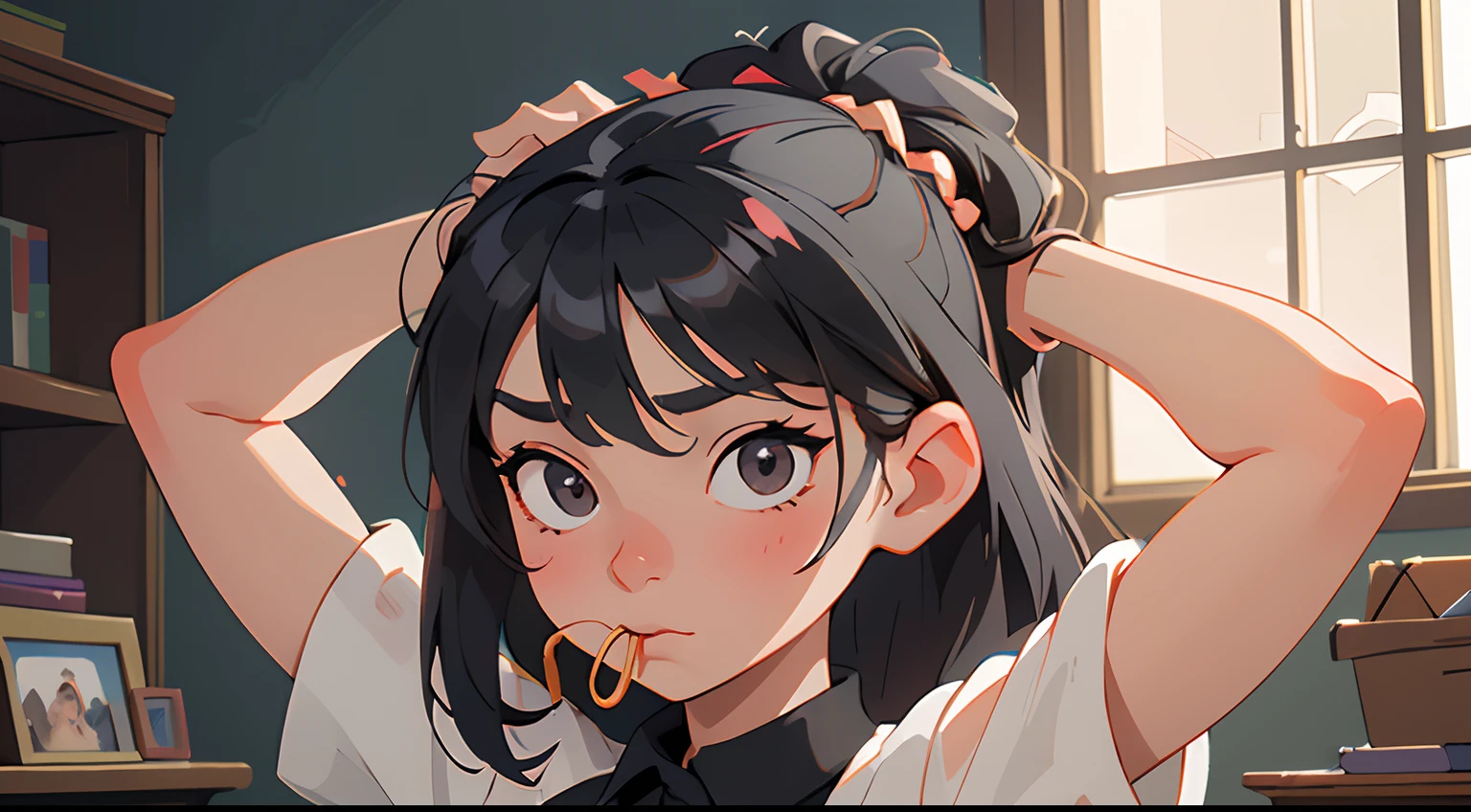 (masterpiece, best quality), 1girl, beautiful face,    hair tie in mouth, black hair, arms behind head
