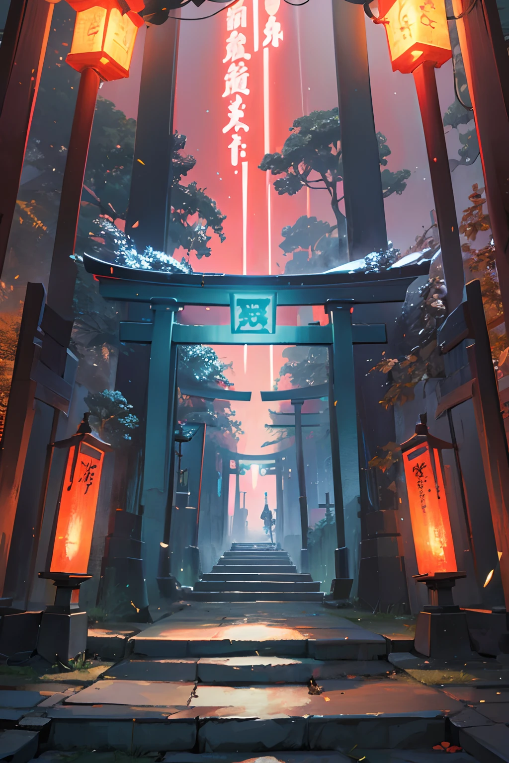 Create an illustration of a cyberpunk shrine, infused with a fantastical and nostalgic atmosphere. Picture a shrine where the torii gate and the lanterns along the pathway glow with a surreal radiance. Neon lights flicker around the torii gate, casting a vibrant glow on the ancient stones of the shrine's pathway. Holographic symbols hover in the air, intertwining with the ethereal wisps of incense smoke. The juxtaposition of ancient spirituality and futuristic technology creates a surreal ambiance, making the scene both intriguing and nostalgic.