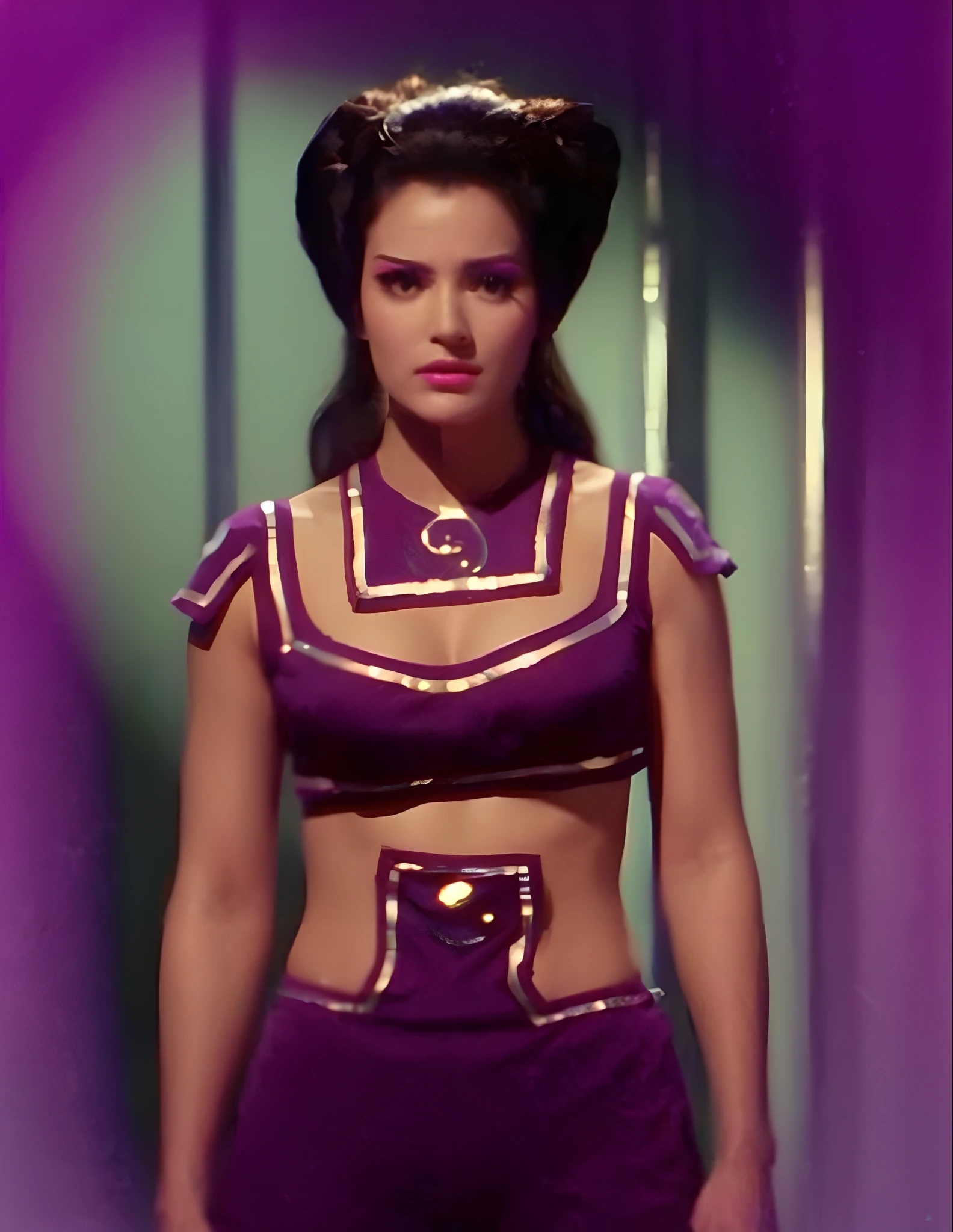 Bodacious curvaceous White Oriental woman, wearing bright heavy purple & neon green makeup & elaborately coiffed black hair with side rolls, with 100% anatomically correct fingers & hands, in star trek the original series, in star trek original series episode "That Which Survives", from star trek, film still from star trek, star trek gorgeous Oriental woman, in alien genie outfit, still from star trek, in alien space genie bikini outfit, as a seductive sultry star trek woman, as beautiful star trek alien woman Losira, in a 2-piece alien space bikini genie harem outfit