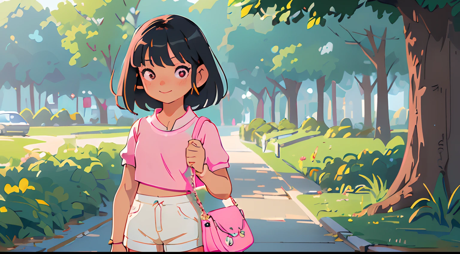 masterpiece:2.0), (top-quality:2.0), (cute top, white shorts, pink handbag:1.5), (view from the front:1.5), (flirty look), (realistic:1.5), comic style drawing, 1 little girl, precise small hands, Embarrassed look, light smile, extremely cute girl, baby face, Clear eyes, Shining eyes, medium breast, The crotch is visible, No pubic hair, The beautiful skin, ultra-definition, Top resolution, university student, black bob hair, in the park