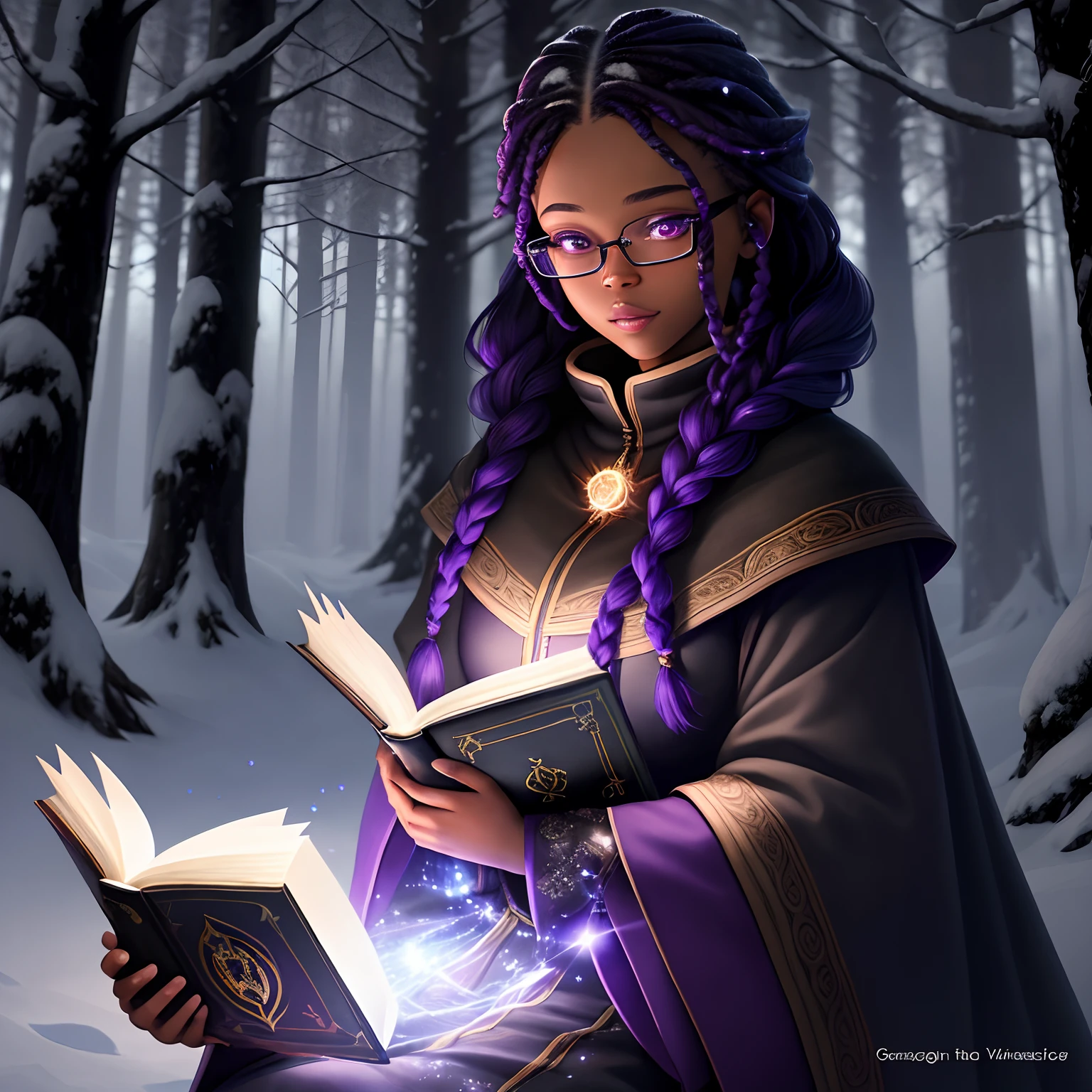 game cover, star sky in the woods, night time, in winter, different coloured eyes glowing in the trees, young, black Woman With purple braids, Bayonetta glasses, mansi lodge in the distance, magic aura around her, magic book of spells in one hand, snow falling