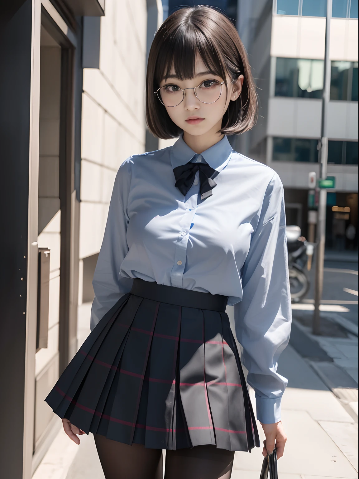(Long bob cut)、(Underwear is visible)、((Narrow-eyed))、((Narrow-eyed))、((Narrow-eyed))、(8K、Raw photography、top-quality、masterpiece:1.2),((small tits))、((small tits))、((small tits))、((small tits))、((small tits))、((A-cup))、((A-cup))、((A-cup))、((A-cup))、((A-cup))、Has a small、(flat breast)、(flat breast)、(flat breast)、(flat breast)、(flat breast)、(being thin)、Dark look、Rasping,glamor,Chromo-white skin,cocky,School,watching at viewers,Looking at the front,Muchimuchi,High-pitched clothing,Erotic,Pupils,de pele branca,kne,((Black pantyhose)),absurderes,a small face,,Forehead visible,Bangs hanging from the left and right sides of the forehead,(a cold expression,Tight eyes,glares,Bullish,irate)、masterpiece,top-quality、超A high resolution,Raw photo,ren,Beautiful fece,One Person, 独奏,eye glass,,Dark look,Small breasts,fullllbody,Round glasses,JK school uniform,hi-school girl,A Japanese Lady,is standing,(Photorealsitic:1.37)、Photon mapping,Realistic、Beautie,Cute little face,Brown-eyed、Black socks、Radio City、Physically Based Rendering、depth of fields、Blurry background、a picture,Body,beauty legs, Long legs, Thin leg,(Bangs are visible), hair, s lips, Blue_The eye, nosesoft,(Light blue shirt), (Navy and blue and white plaid pleated skirt), Knees are visible,Sheer clothing,, Thigh, Black cotton socks,Nogizaka Idol, 女優, Japanese ido