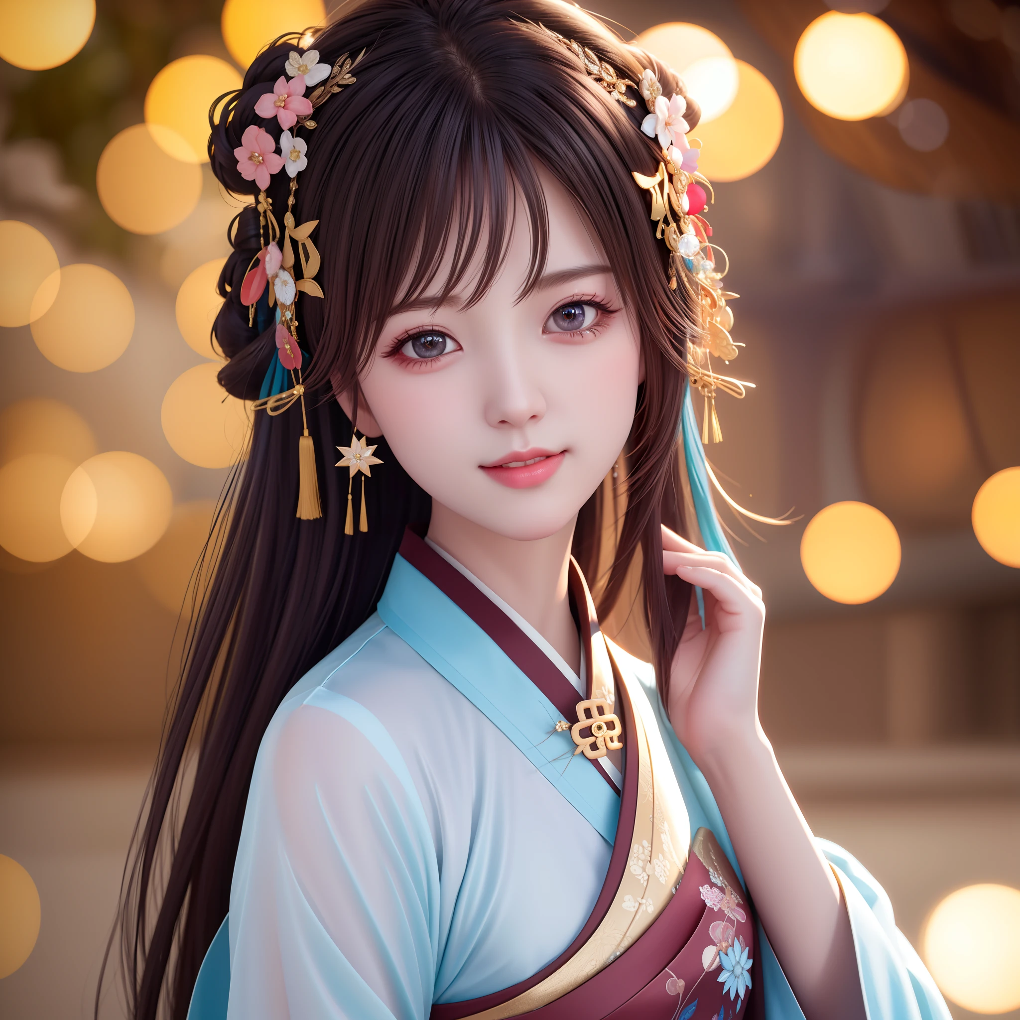 best quality, masterpiece, highres, 1girl,blush,(seductive smile:0.8),star-shaped pupils,china hanfu,hair ornament,necklace, jewelry,Beautiful face,upon_body, tyndall effect,photorealistic, dark studio, rim lighting, two tone lighting,(high detailed skin:1.2), 8k uhd, dslr, soft lighting, high quality, volumetric lighting, candid, Photograph, high resolution, 4k, 8k, Bokeh