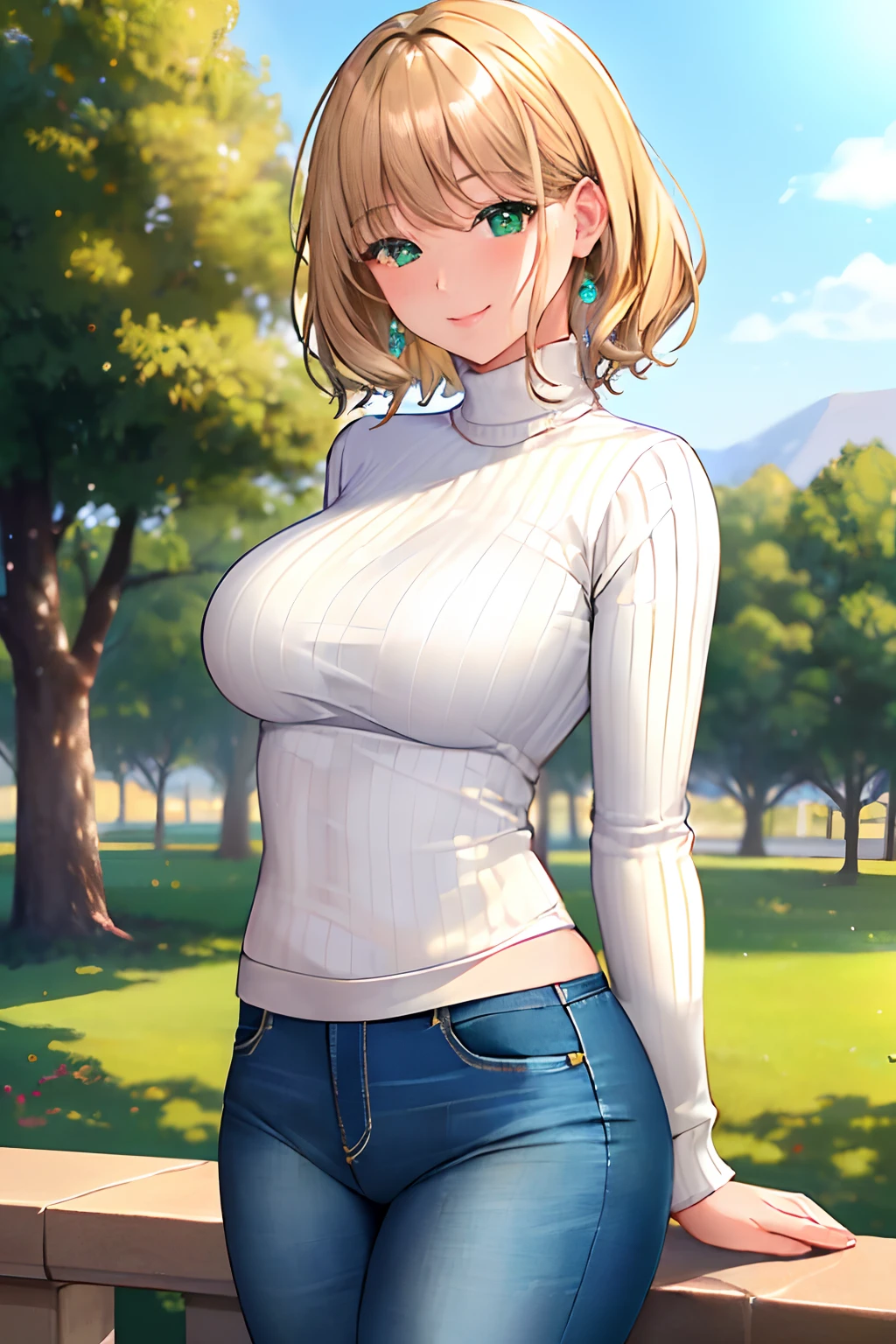 masterpiece, best quality, ultra-detailed, beautiful lighting, Woman, tight jeans, blonde hair, (green eyes:1.3), (white sweater:1.2), turtleneck, standing up, in park, beautiful scenery, slight blush, smiling, (cute smile:1,1), (glossy lips:1.1), (beautiful eyes:1.1), wonderful backround, closed mouth, arms_behind_back, short hair