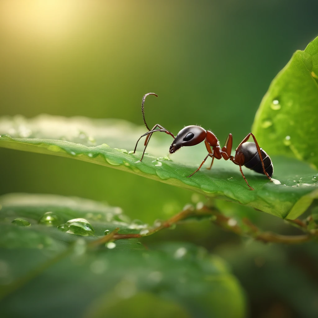 An ant lies on a leaf,There is dew on the edges of the leaves,magic hour,photorealistic cinematic render, Cinematic 3D rendering, realistic cgi render, Depicted as a 3D rendering