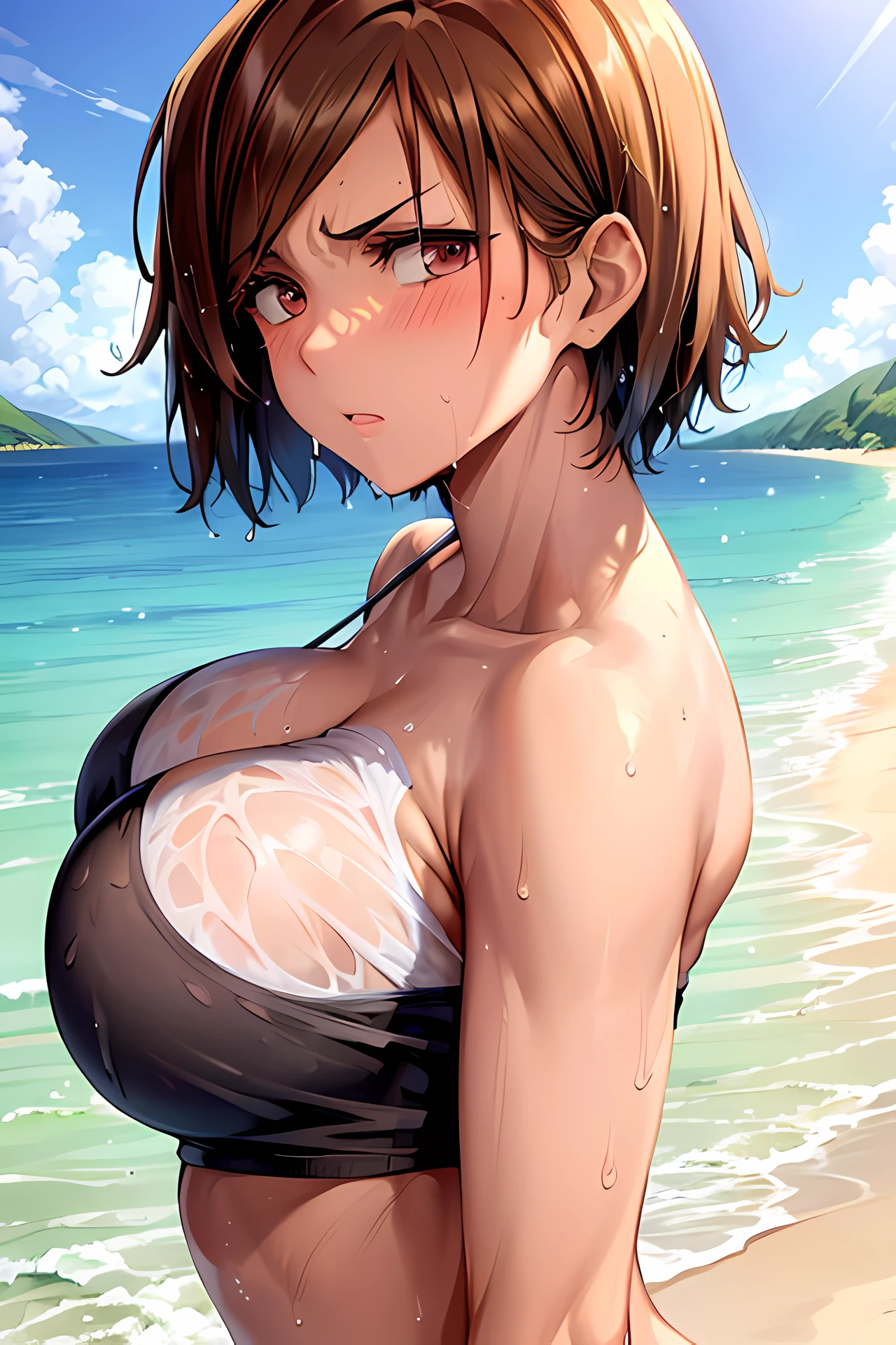 masterpiece, photo of nobarajk, short hair with large breasts and a huge ass and wearing a gym wear on a beach with sunny weather, (wet skin and hair:1.5), (light skin), (sweating) ,(beautiful scenery),(perfect face), masterpiece, blush, 1girl, solo, smooth anime cg art, cleavage, arms behind back, disgruntled expression