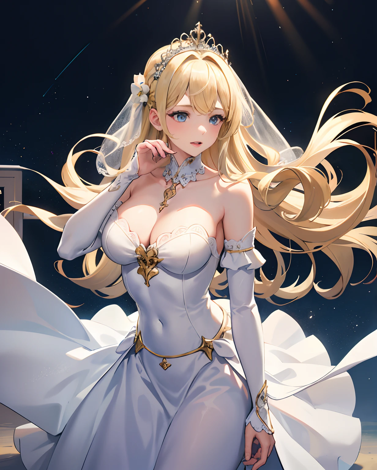 A close-up of a girl with long blonde hair wearing a white wedding dress, Stand on a curtain with an all-white background