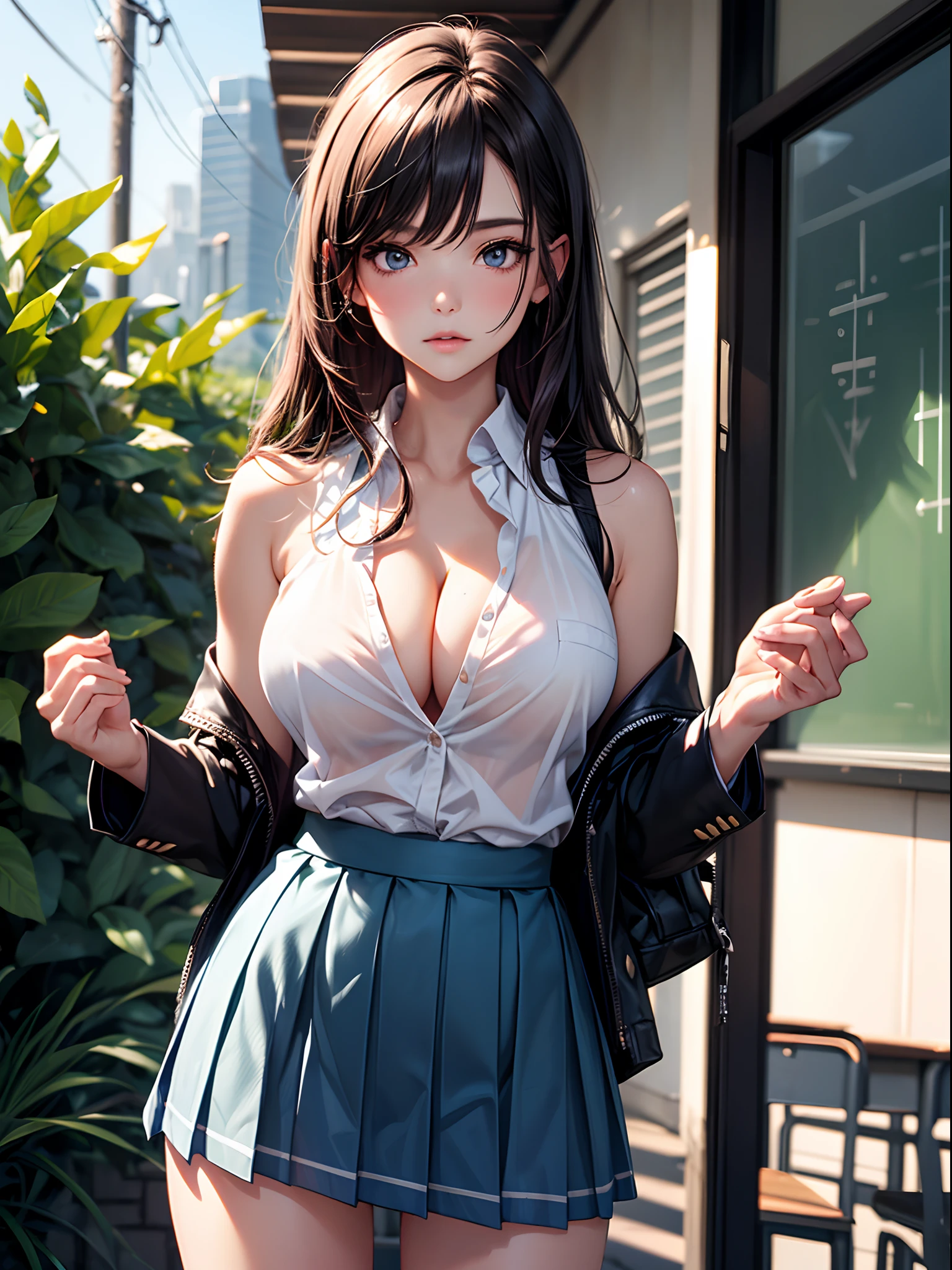 (((toppless))), (((sheer school uniform, Sleeveless ))), (((Show off  cleavage))), (((Large breasts))), (((Open front))), (((Sheer Micro Mini Skirt))), Detailed beautiful eyes, (((Sunny))), extremely detailed CG unified 8k wallpaper, very fine 8KCG wallpaper, (​masterpiece, Best Quality), High resolution, Ultra-detailed, ultra-sharp, 1 girl, Naked, (((Sheer Micro Mini Skirt))), perfecteyes eyes