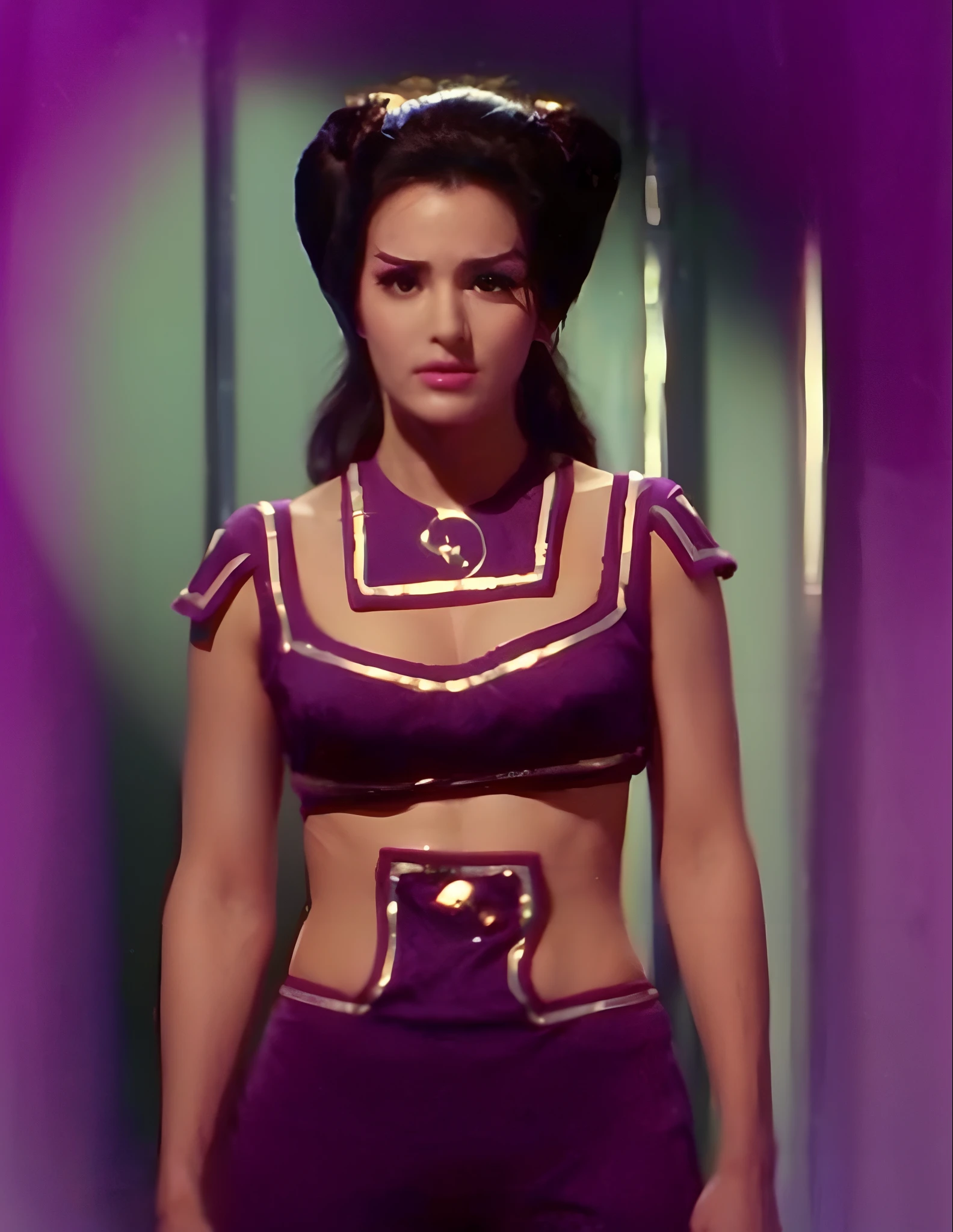 Bodacious curvaceous White Oriental woman, wearing bright heavy purple & neon green makeup & elaborately coiffed black hair with side rolls, with 100% anatomically correct fingers & hands, in star trek the original series, in star trek original series episode "That Which Survives", from star trek, film still from star trek, star trek gorgeous Oriental woman, in alien genie outfit, still from star trek, in alien space genie bikini outfit, as a seductive sultry star trek woman, as beautiful star trek alien woman Losira, in a 2-piece alien space bikini genie harem outfit