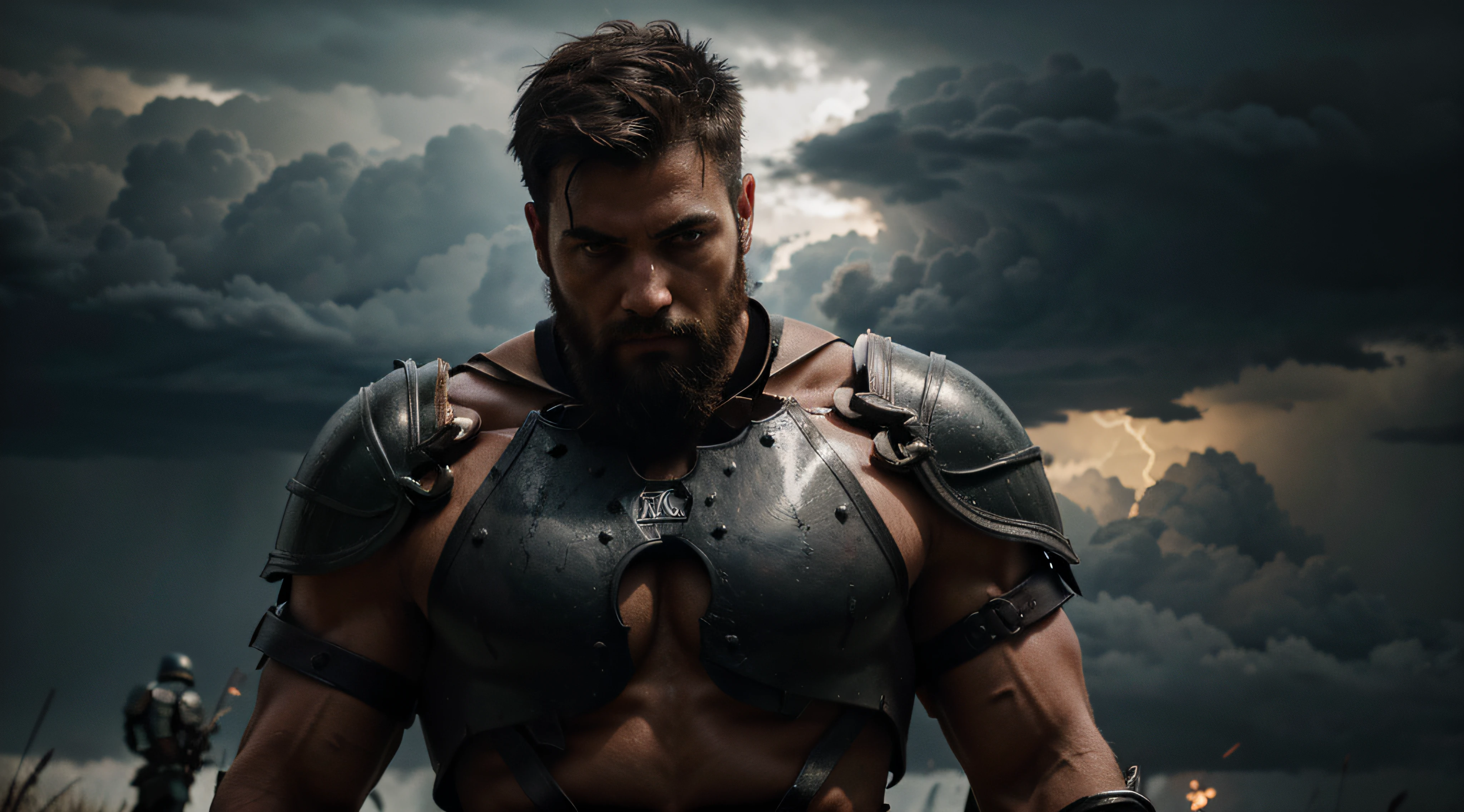 Male Spartan warrior on the battlefield, muscled body, beard, stormy day, black clouds, lightnings, high detail face, high detail clothes, ultrarealistic, dark shot, cinematic, professional photo