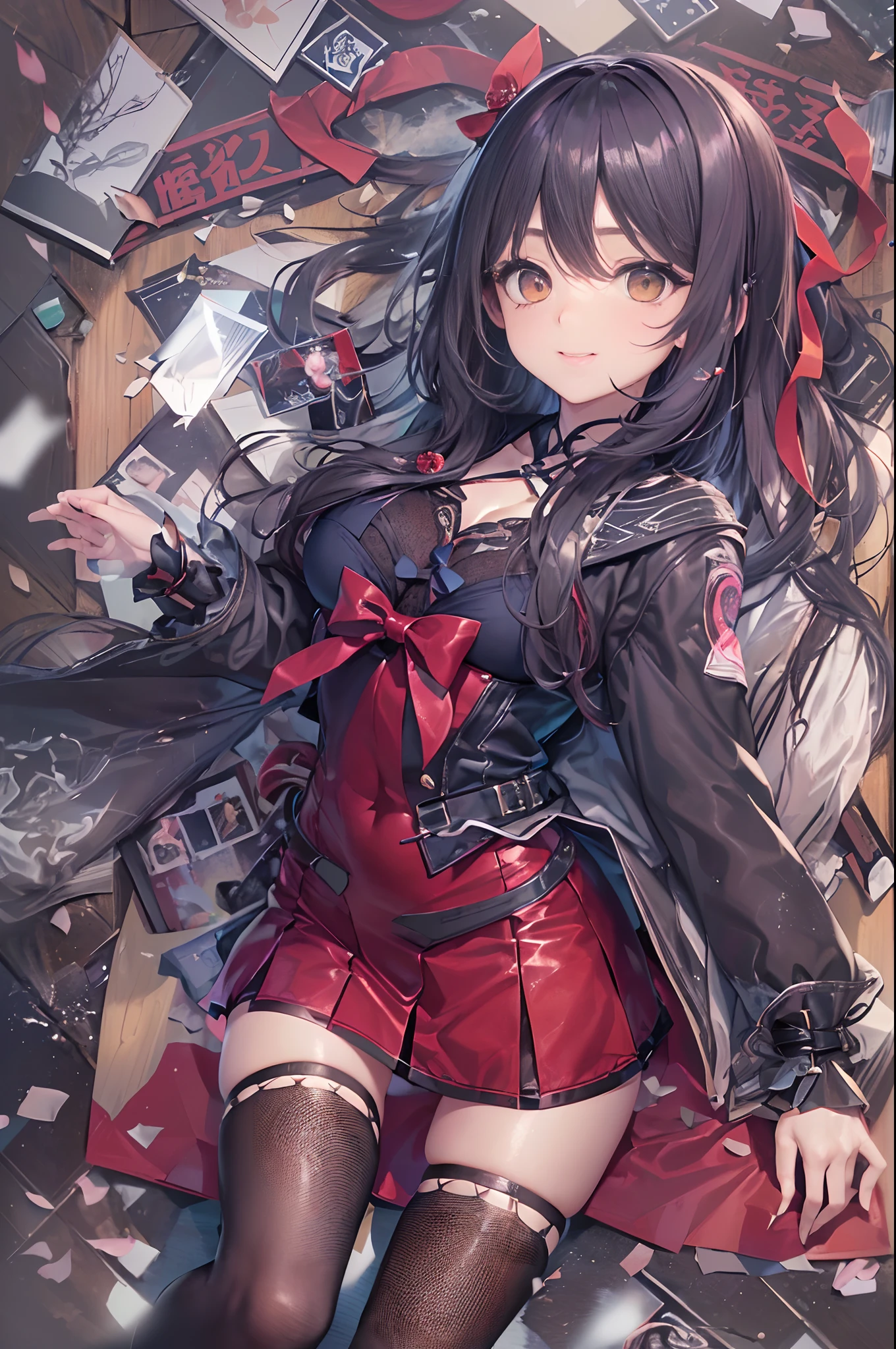 ((16k,Raw photography,top-quality,hight resolution,Ray tracing,PBR Texture,Post-processing,)),(((Red Leather Bondage Skirt , Cute Japan anime girl,魔法少女まどか☆マギカ,Homura Akemi,long wavy dark blue hair,Emphasize cleavage,bare hand,Thin leg,)))(finerly detailed face:1.4),(masterpiece:1.4),(top-quality:1.4), Beautiful fine skin,(cute little:1.5),(Complex fishnet stockings),pin heels,Leather luster 3.0,Beautiful skin,(Dark Red Bodycon),((tthin eyebrows,long eyelashes,smil,二重まぶた,)),Lying in bed,No title required,Do not wear anything on your shoulders, Nasty figure, From above,Staring from the front,Create a beautiful light effect in the background、Create the effect of confetti in the background,