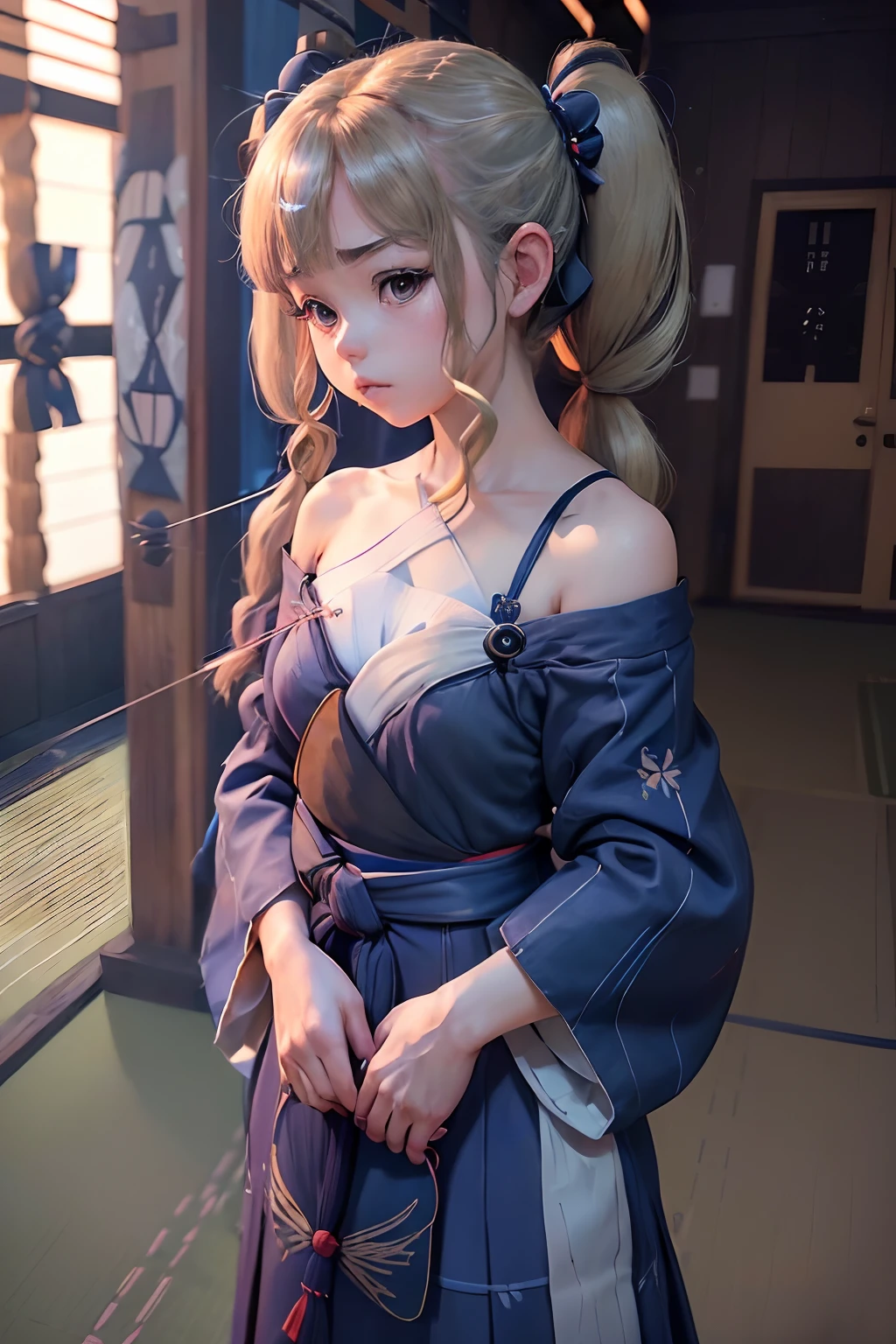 girl with, (((Petite girl with blonde twin tails))),(the Extremely Detailed CG Unity 8K Wallpapers), most beautiful artwork in the world,(((Off-shoulder archery suit))),((())),(()),((Kyudojo)),(((Tatami mats))),(((Kyudo))),(((practice))),((())),((())),(((Dark blue hakama))),(((,Piece of art))),((()))),((())),(((Smaller chest))),((Daytime)),(((Look at viewers))),((())),((())),(()),((The upper part of the body))