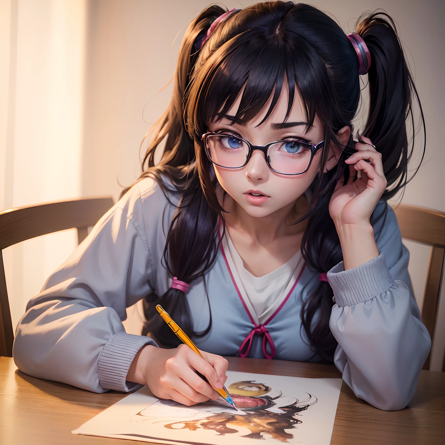 (best quality,4k,8k,highres,masterpiece:1.2),ultra-detailed,(anime,photoanime,photo-anime:1.37),beautiful girl,1girl,side ponytail,dark hair,wearing Japanese school uniform,biting a pen on a table,confused face,wearing cute glasses,anime style,soft lighting,vibrant colors,painting-like texture