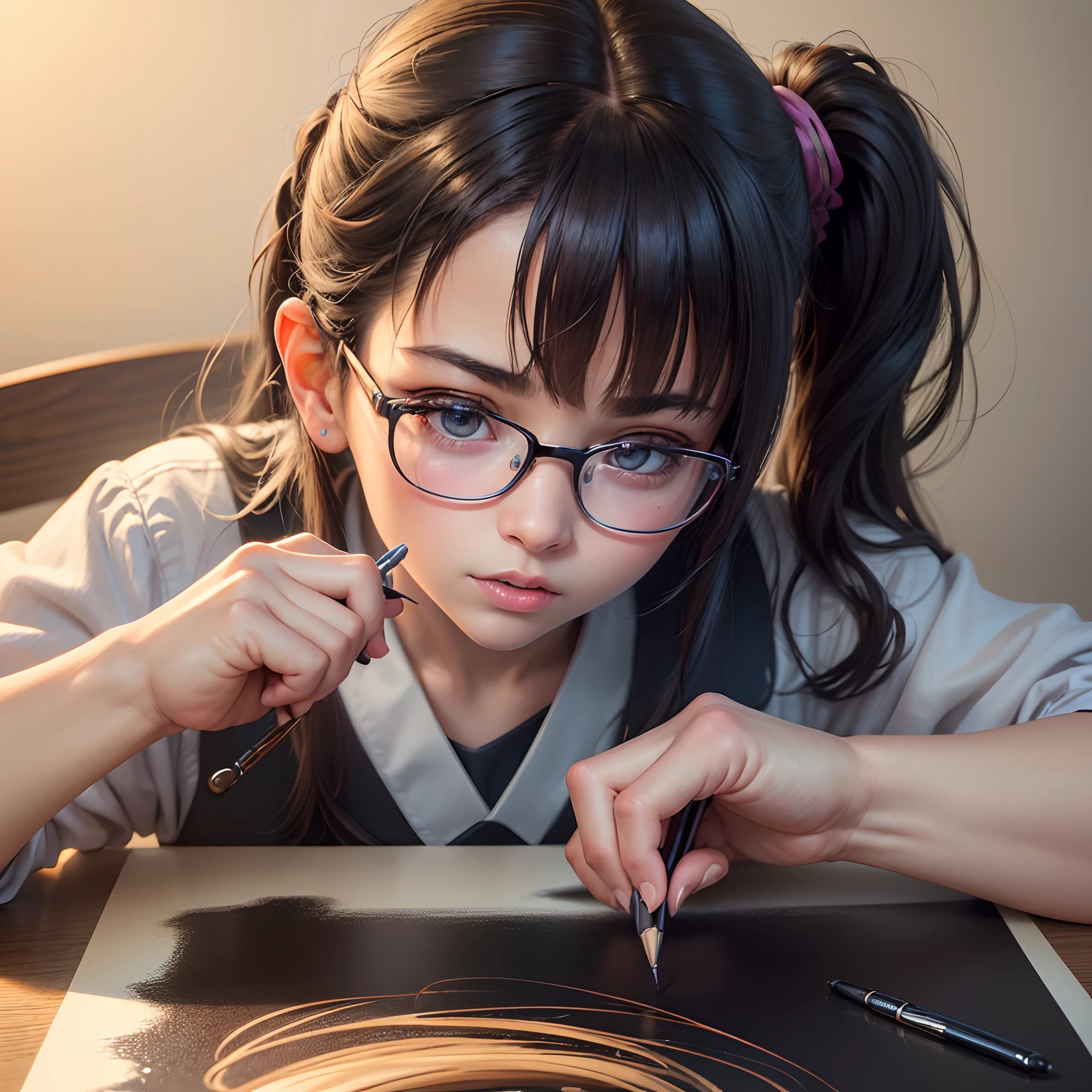 (best quality,4k,8k,highres,masterpiece:1.2),ultra-detailed,(realistic,photorealistic,photo-realistic:1.37),beautiful girl,1girl,side ponytail,dark hair,wearing Japanese school uniform,biting a pen on a table,confused face,wearing cute glasses,anime style,soft lighting,vibrant colors,painting-like texture