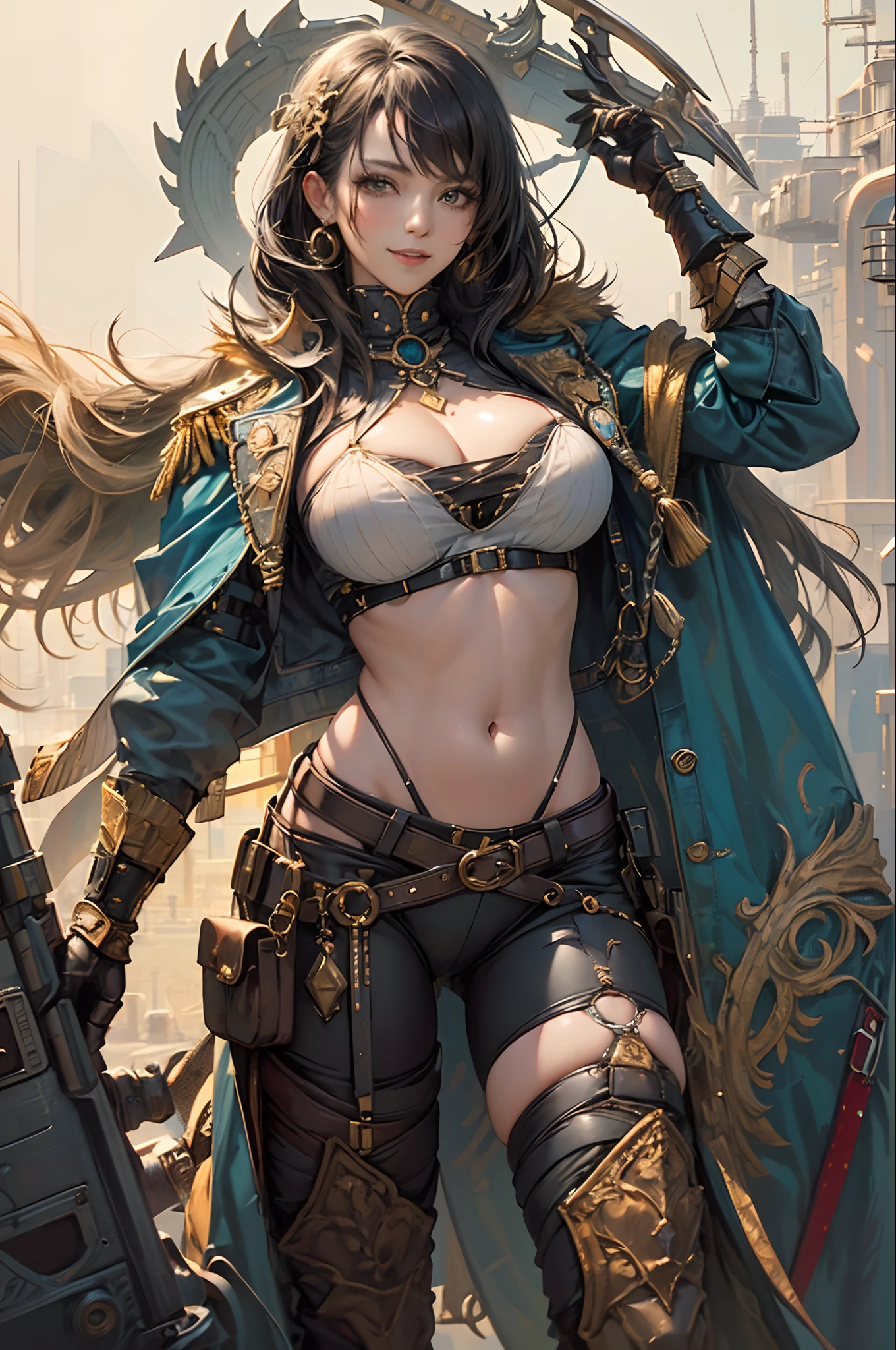 (masterpiece、top-quality:1.2), cowboy shot, 独奏, 1girl in, Boa Hancock, A smile, looking at the viewers, Hands on the hips, Cape, epaulette, cleavage of the breast, jewely, 耳Nipple Ring, Midriff、Colossal tits、Anime One Piece Tashigi Colonel、