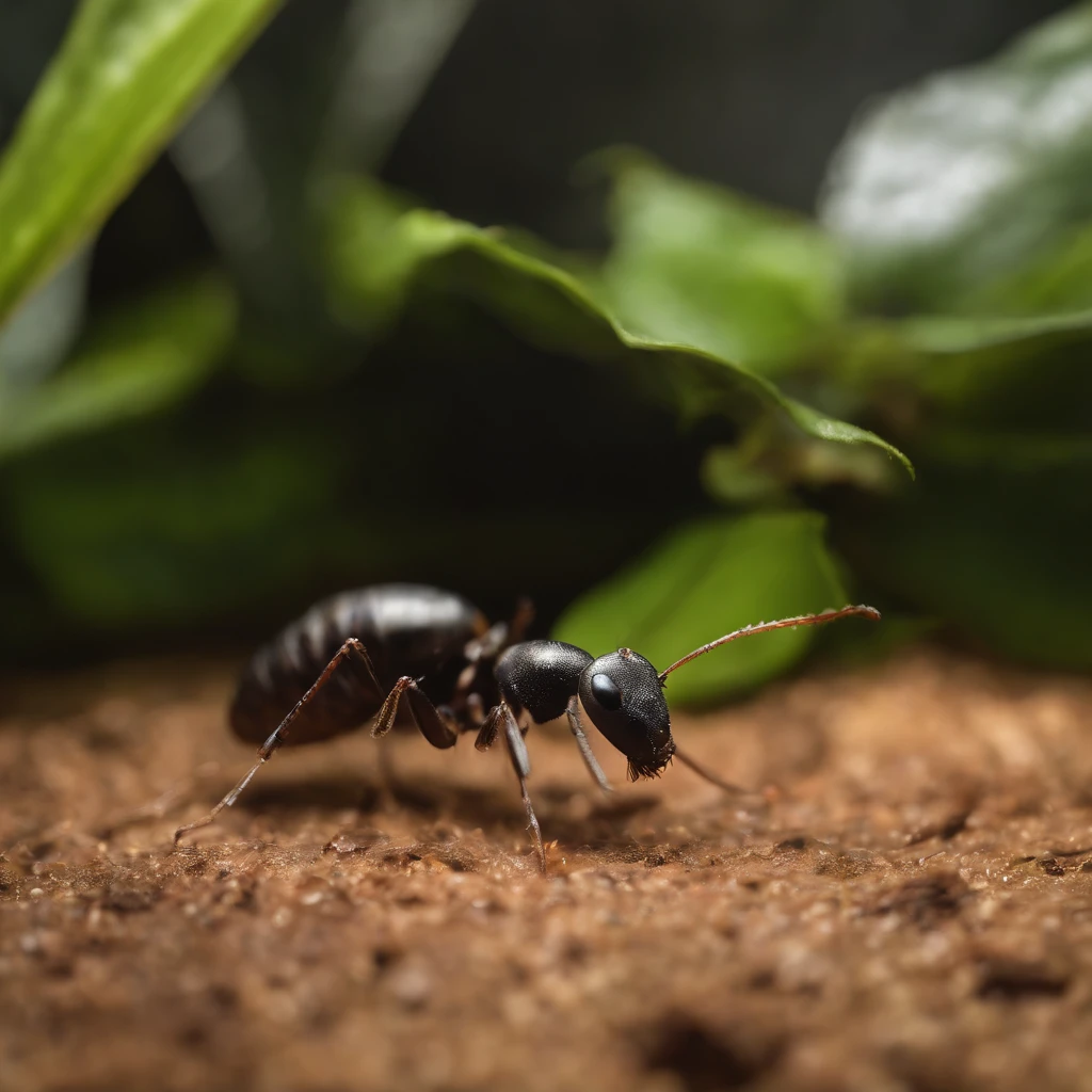 An ant lies on a leaf,There is dew on the edges of the leaves,magic hour,photorealistic cinematic render, Cinematic 3D rendering, realistic cgi render, Depicted as a 3D rendering