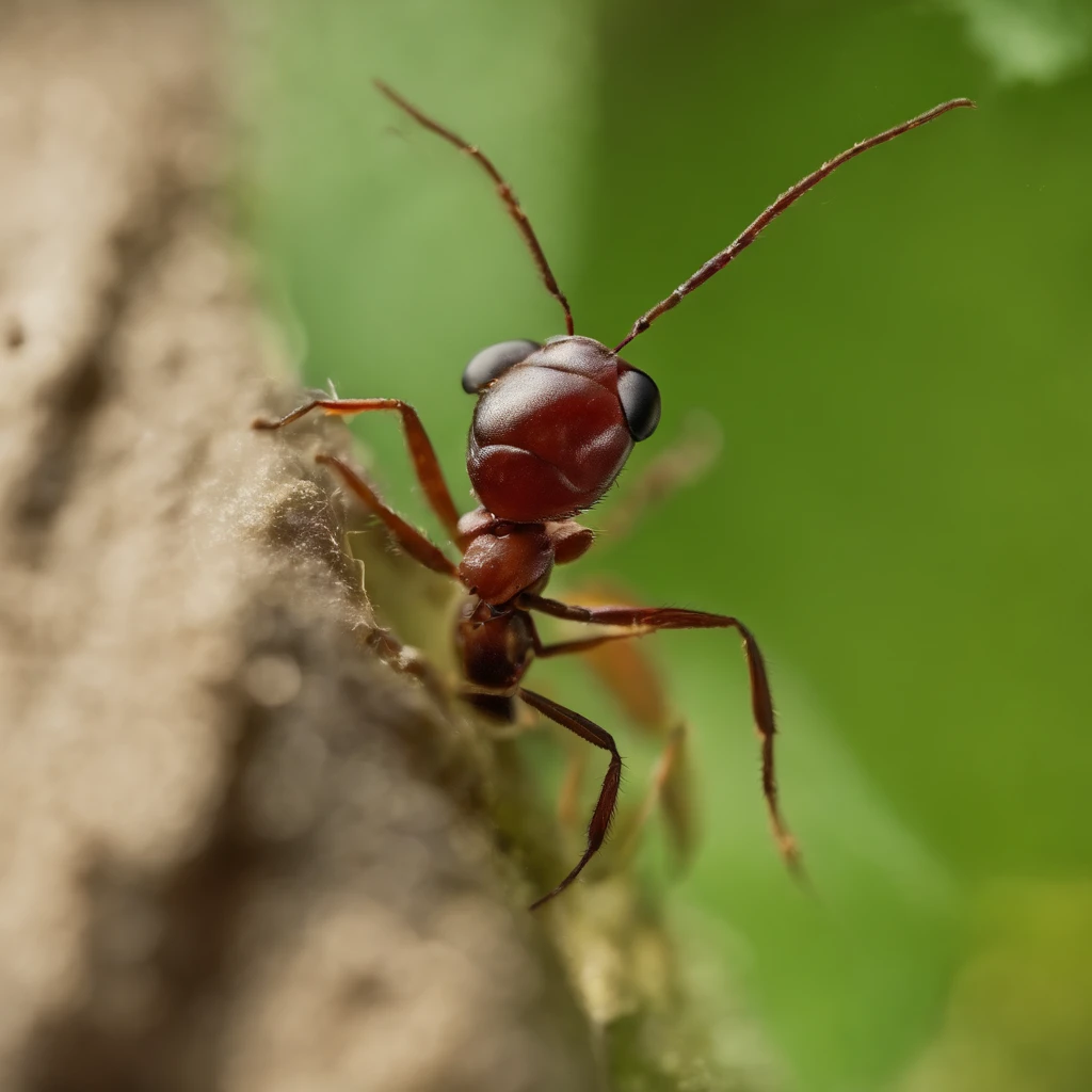 An ant lies on a leaf，There is dew on the edges of the leaves，magic hour，photorealistic cinematic render, Cinematic 3D rendering, realistic cgi render, Depicted as a 3D rendering