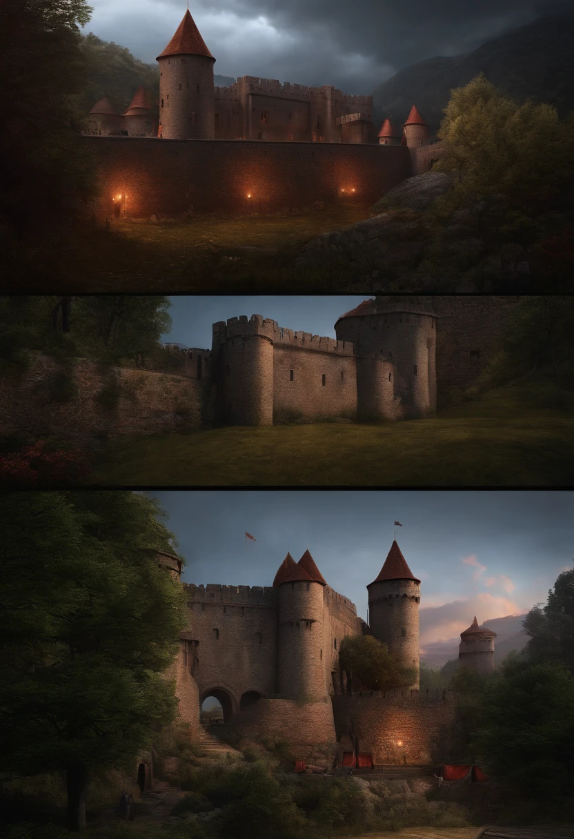 (best quality,highres:1.2),ultra-detailed,(realistic:1.37)
medieval castle,dark hue,red hue,army camp outside the city walls,aesthetic,portraits,landscape,physically-based rendering,vivid colors,sharp focus,HDR,ultra-fine painting,concept artists,studio lighting.