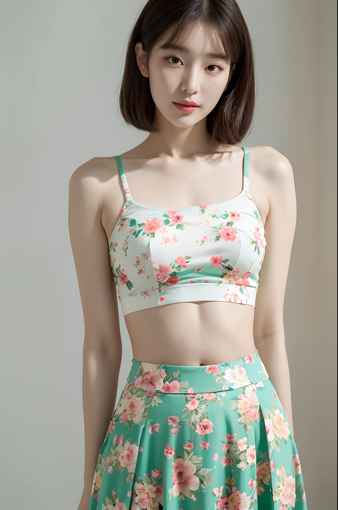 a woman in a floral crop top and mint skirt posing for a picture, croptop, crop top, bralette, wearing white camisole, bae suzy, wearing a camisole, physical : tinyest midriff ever, gorgeous young korean woman, heonhwa choe, cutecore, lulu chen, reluvy5213