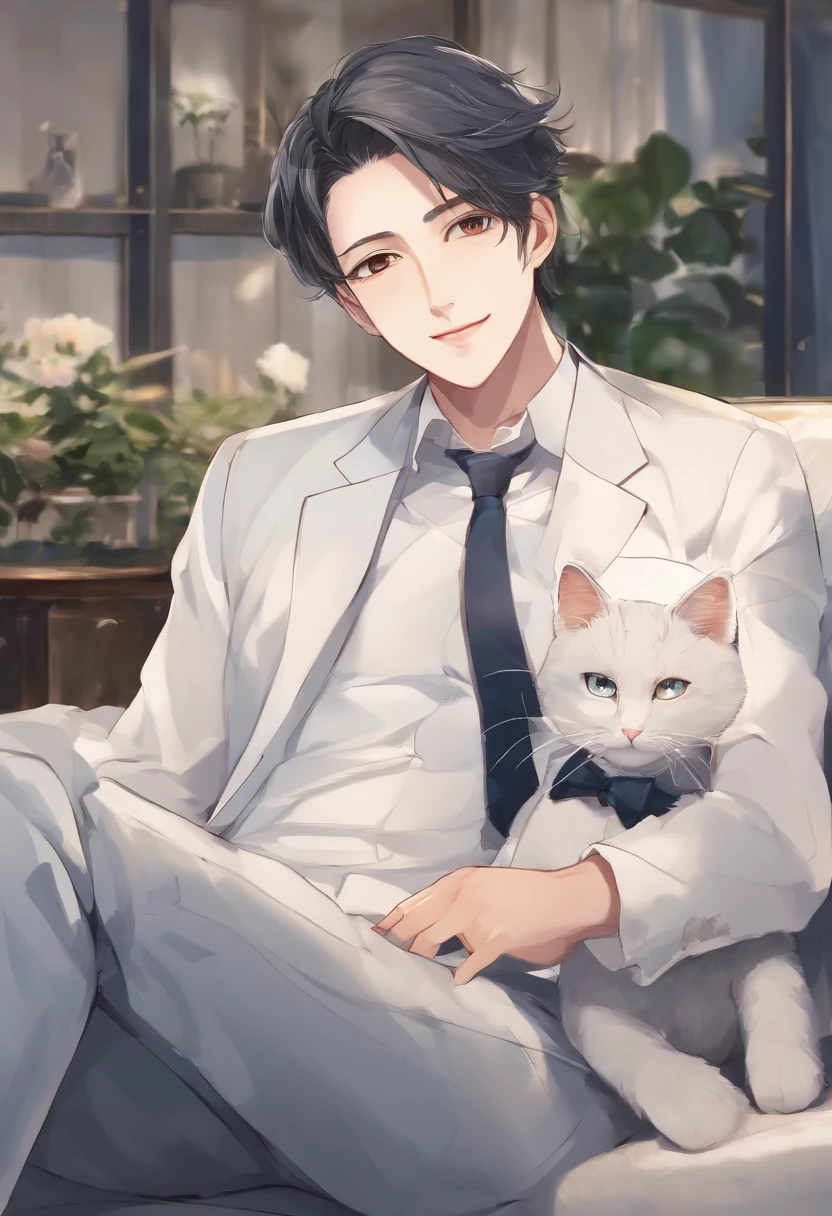 and a warm smile, wearing a dark suit with a tie, sitting on a cozy couch, surrounded by soft cushions. The man and the white cat are enjoying each other's company, with the man gently stroking the cat's fur. The portrait is rendered in a photorealistic style, capturing every fine detail of the man's face and the cat's fur. The lighting is soft and diffused, creating a warm and inviting atmosphere. The color palette consists mainly of shades of white, creating a serene and tranquil ambiance. The composition is focused on a close-up perspective, highlighting the man's expressive blue eyes and his charming smile.