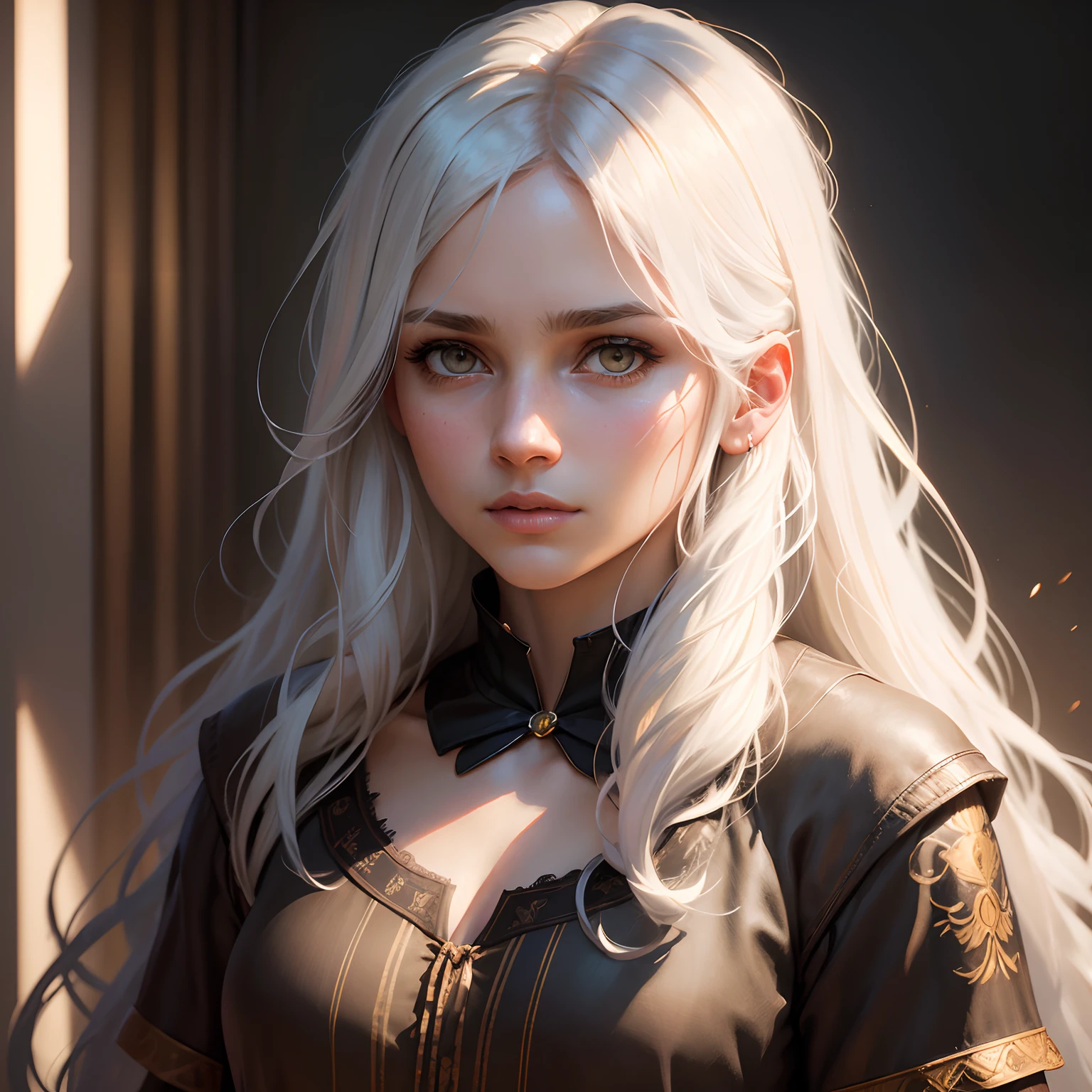 Hyperrealist portrait of female by david hockney and alphonse mucha,fantasy art, photo realistic, dynamic lighting, artstation, poster, volumetric lighting, very detailed faces, 4 k, award winning,, 1girl, in the dark, deep shadow, low key,cowboy shot,(official clothing:1.4) ,long hair,white hair,