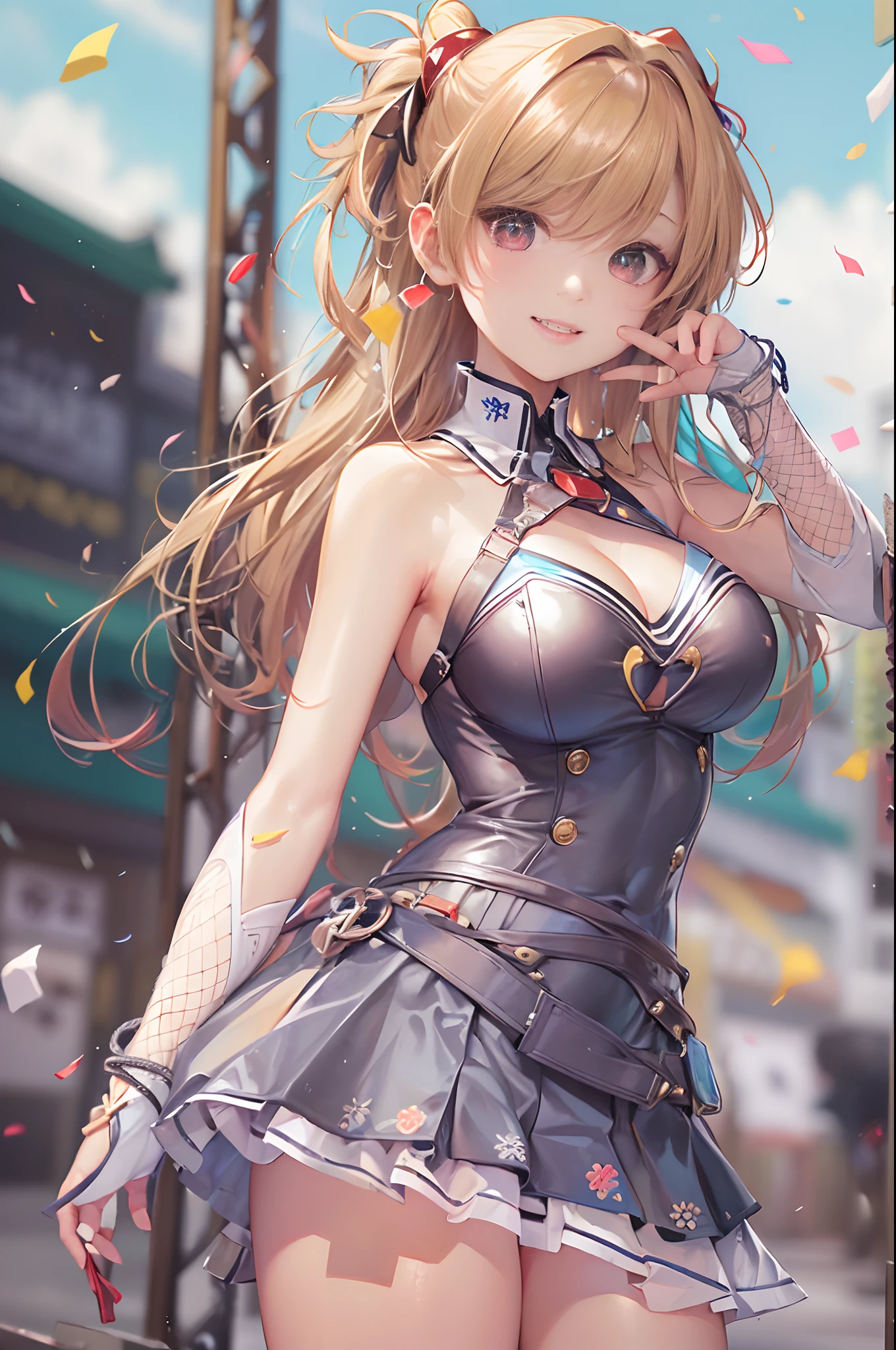 ((16k,Raw photography,top-quality,hight resolution,Ray tracing,PBR Texture,Post-processing,)),(((Leather Bondage Skirt , Cute Japan anime girl,evangerion,Soryu Asuka Langley,Long wavy blonde hair,Emphasize cleavage,bare hand,Thin leg,detailed finger,Slender legs,)))(finerly detailed face:1.4),(masterpiece:1.4),(top-quality:1.4), Beautiful fine skin,(cute little:1.5),(Complex fishnet stockings),pin heels,Leather luster 3.0,Beautiful skin,(Bodycon with beautiful embroidery),((tthin eyebrows,long eyelashes,smil,二重まぶた,)),No title required,Do not wear anything on your shoulders, Nasty figure, activity,Create a beautiful light effect in the background、Create the effect of confetti in the background,