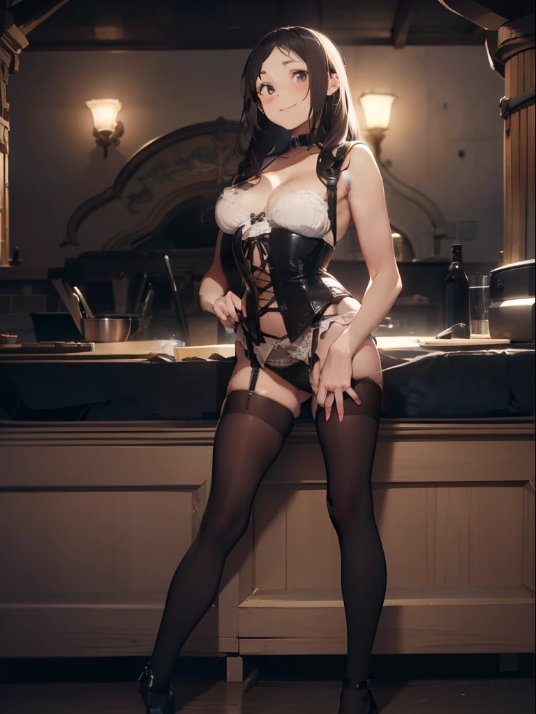 ultra-quality, ultla highres, Hyper Detailed, High contrast, superfine illustration, creative refinement, ssmile,Black corset,Black garter belt,Clubhouse at night