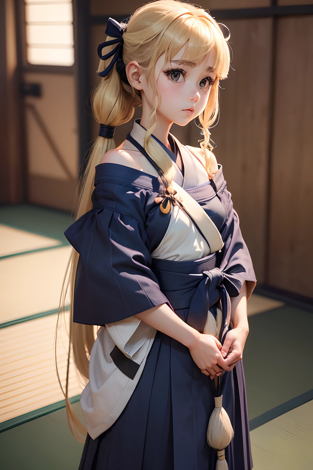 girl with, (((Petite girl with blonde twin tails))),(the Extremely Detailed CG Unity 8K Wallpapers), most beautiful artwork in the world,(((Off-the-shoulder archery suit))),((())),(()),((Kyudojo)),(((Tatami mats))),(((Kyudo))),(((practice))),((())),((())),(((Dark blue hakama))),(((,Piece of art))),((()))),((())),(((Smaller chest))),((Daytime)),(((Look at viewers))),(((Seiza))),(((bowing))),(()),((The upper part of the body))