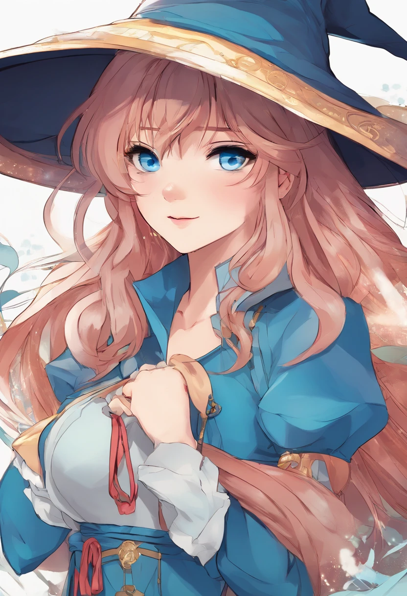 Masterpiece、top-quality、Anime character with witch hat and witch clothes、Young Anime Woman、Female Anime Style, anime styled、blue eyess, Anime Girl, lightblue hair, Anime art wallpaper 8k, anime wallpaper 4k, anime wallpaper 4 k, anime style portrait, Best Anime Konachan wallpapers、high-level image quality