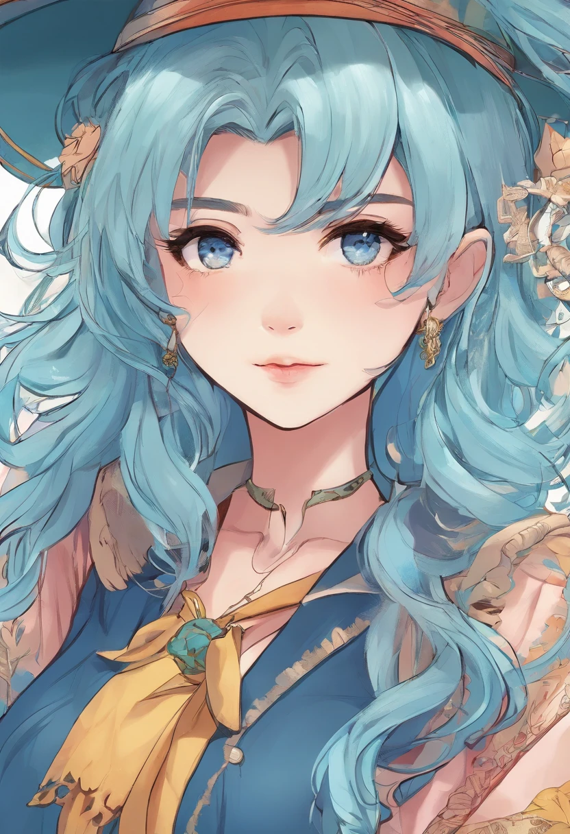 Masterpiece、top-quality、Anime character with witch hat and witch clothes、Young Anime Woman、Female Anime Style, anime styled、blue eyess, Anime Girl, lightblue hair, Anime art wallpaper 8k, anime wallpaper 4k, anime wallpaper 4 k, anime style portrait, Best Anime Konachan wallpapers、high-level image quality