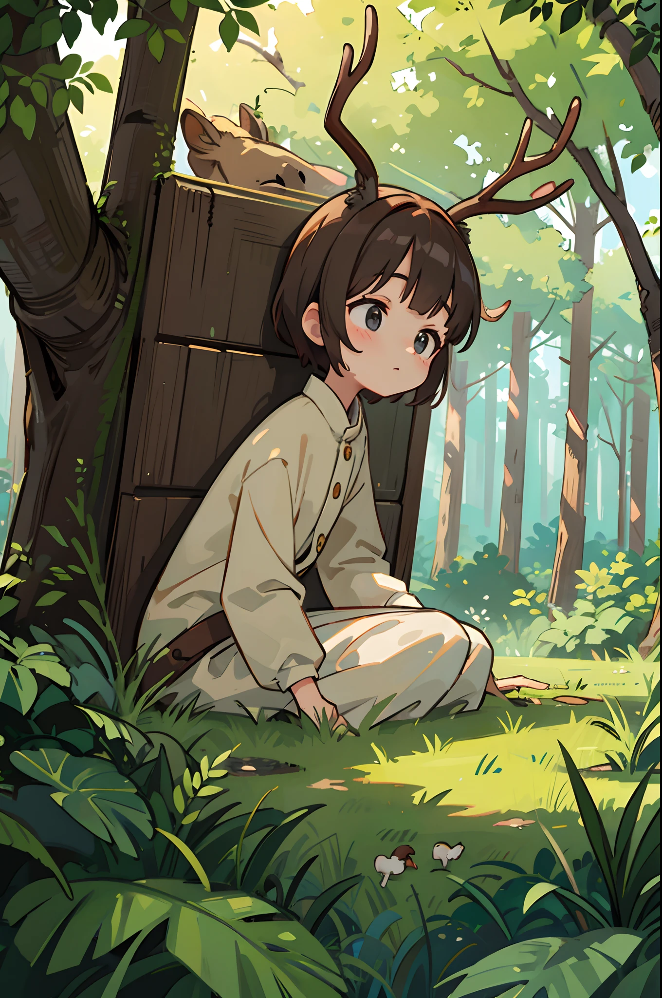 in woods、1 big deer、One of them is broken with a large corner、up of face