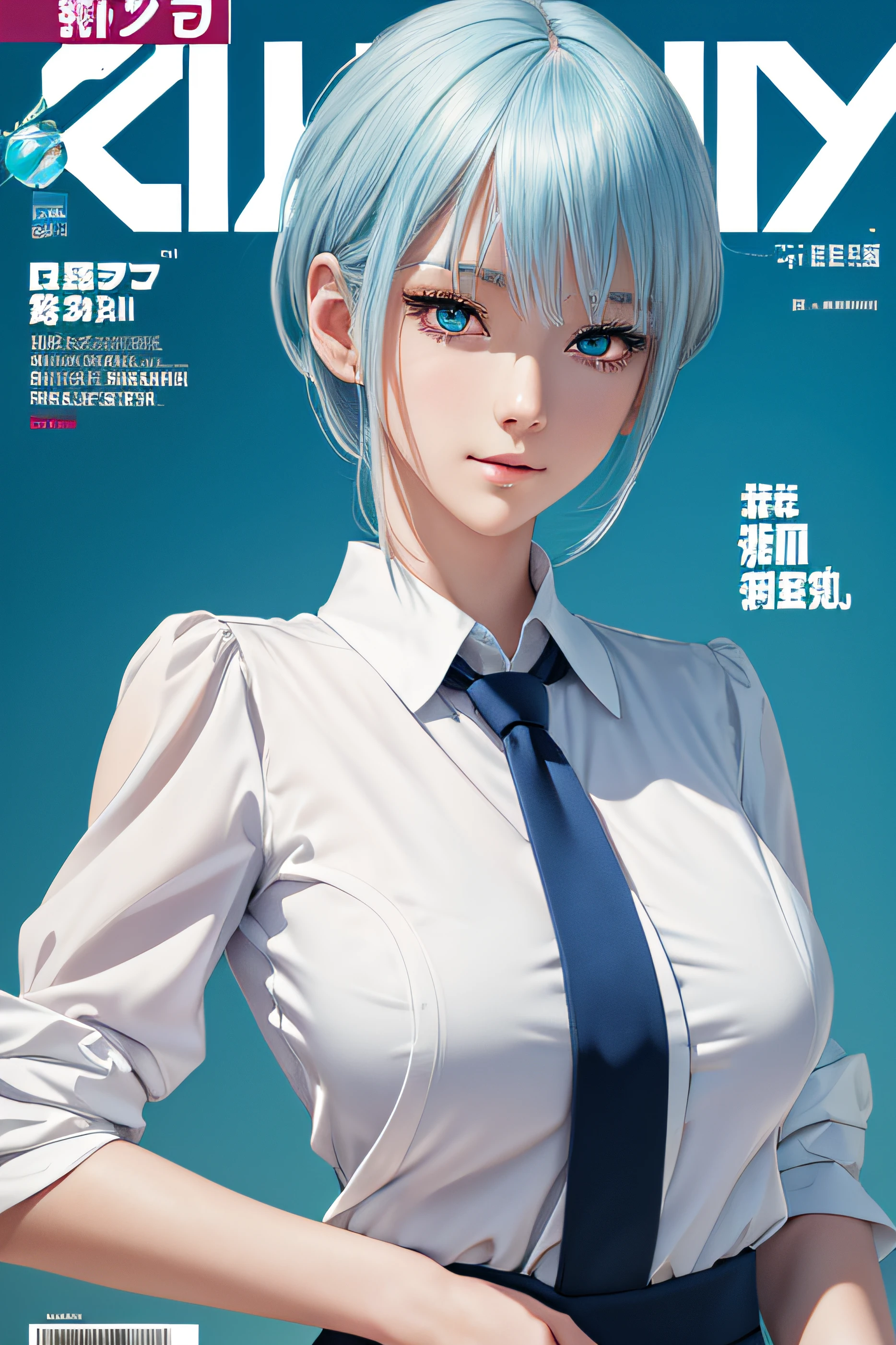 (Best quality,4K,A high resolution,Masterpiece:1.2), Detailed facial features, (Detailed hand features), Exquisite details, Masterpiece, Exquisite lighting, anime big breast, High definition, Beautiful, Genshin Impact, Anime-style, Light blue and white hair, Pale white hair, Short hair, Blue eyes, (detailed eyes features), gem-like eyes, White school uniform, 校服, Fair skin, proud expression, Slim figure, Solo, Full body shot, Refine the lines, Tall stature, Yula, Campus style., (looking at viewert), (Magazines:1.3), (Cover-style:1.3), font,Magazine style