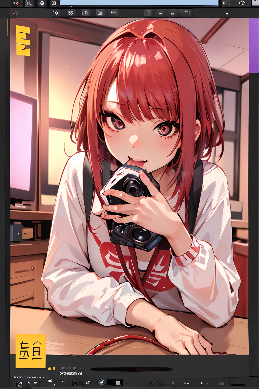 masutepiece, Best Quality, pixiv, Cowboy Shot, Red hair,Girl on the monitor、Private Video Room、Small room、Internet cafe、Tatami room、Affair reflected on a computer monitor、
1girl in, Handbag、Woman pointing smartphone camera、Staring into the lens, stares at the camera、In the style of the star art group Xing, 32K, Best Quality, masutepiece, Super Detail, high details,Video Girls、Display on monitor、(((POV))),(((Girl Through the Monitor)))、(((Smartphone shooting)))、((((Girl on a smartphone、Smartphone shooting、@recording, recording, Videos are recorded on your smartphone、Point your smartphone camera at a woman、POV, Holding your smartphone camera in your hand, , oral,))))Sitting、crouching down、bending forward、Angle from above
