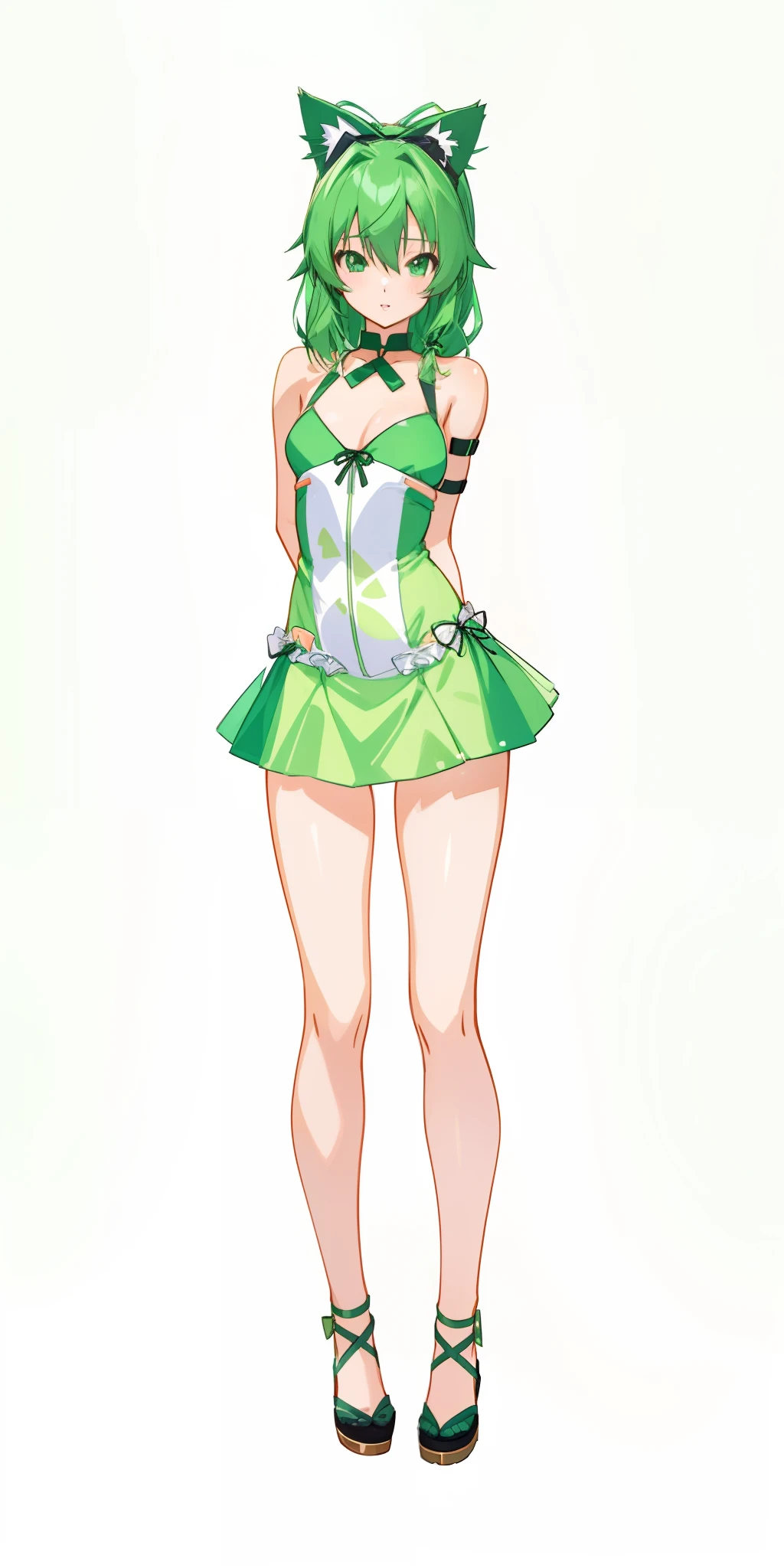 anime girl in green dress and cat ears posing for picture, render of a cute 3d anime girl, rei hiroe, full body!!, is wearing a swimsuit, full_body!!, made with anime painter studio, full body!, green colored skin!!, !!full body portrait!!, smooth anime cg art, full body portrait of a short!
