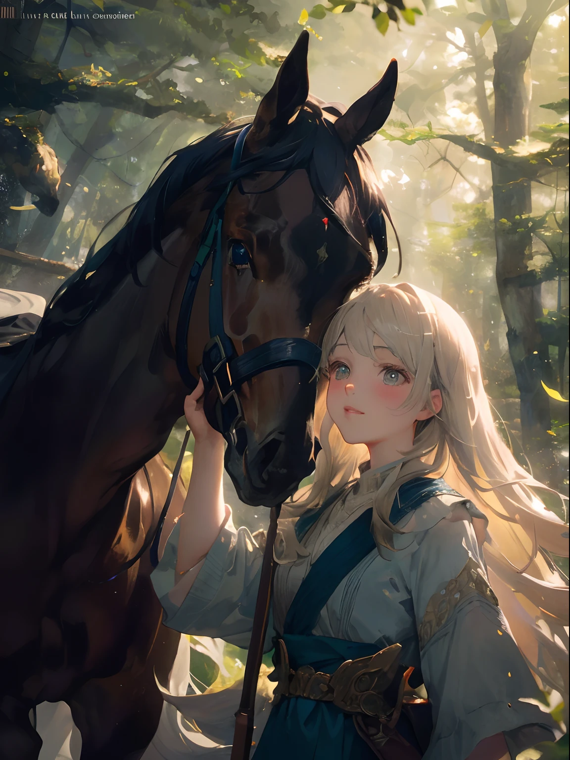 best quality,ultra-detailed,realistic,highres,sharp focus,professional,studio lighting,HDR,(vibrant colors,vivid colors),(bokeh,soft focus) 1girl,beautiful detailed eyes,beautiful detailed lips,detailed face,long eyelashes a girl riding a horse in a forest oil painting texture,photo-realistic rendering sunlight filtering through the trees, creating a warm and magical atmosphere lush greenery and colorful wildflowers surrounding the girl and the horse the horse is strong and majestic, with a glossy coat and flowing mane the girl is wearing a flowing dress that matches the colors of the nature around her her eyes are filled with joy and excitement as she rides through the forest the sounds of birds chirping and leaves rustling in the wind can be heard in the background the forest is filled with tall, ancient trees that create a sense of tranquility and mystery the sunlight dapples the forest floor, creating beautiful patterns of light and shadow the girl and the horse form a strong bond, as they explore the enchanting forest together the girl's golden hair flows in the wind as she holds onto the horse's reins the scene is captured in a moment of pure bliss and harmony with nature the painting portrays the innocence, beauty, and freedom of childhood intertwined with the magnificence of nature.