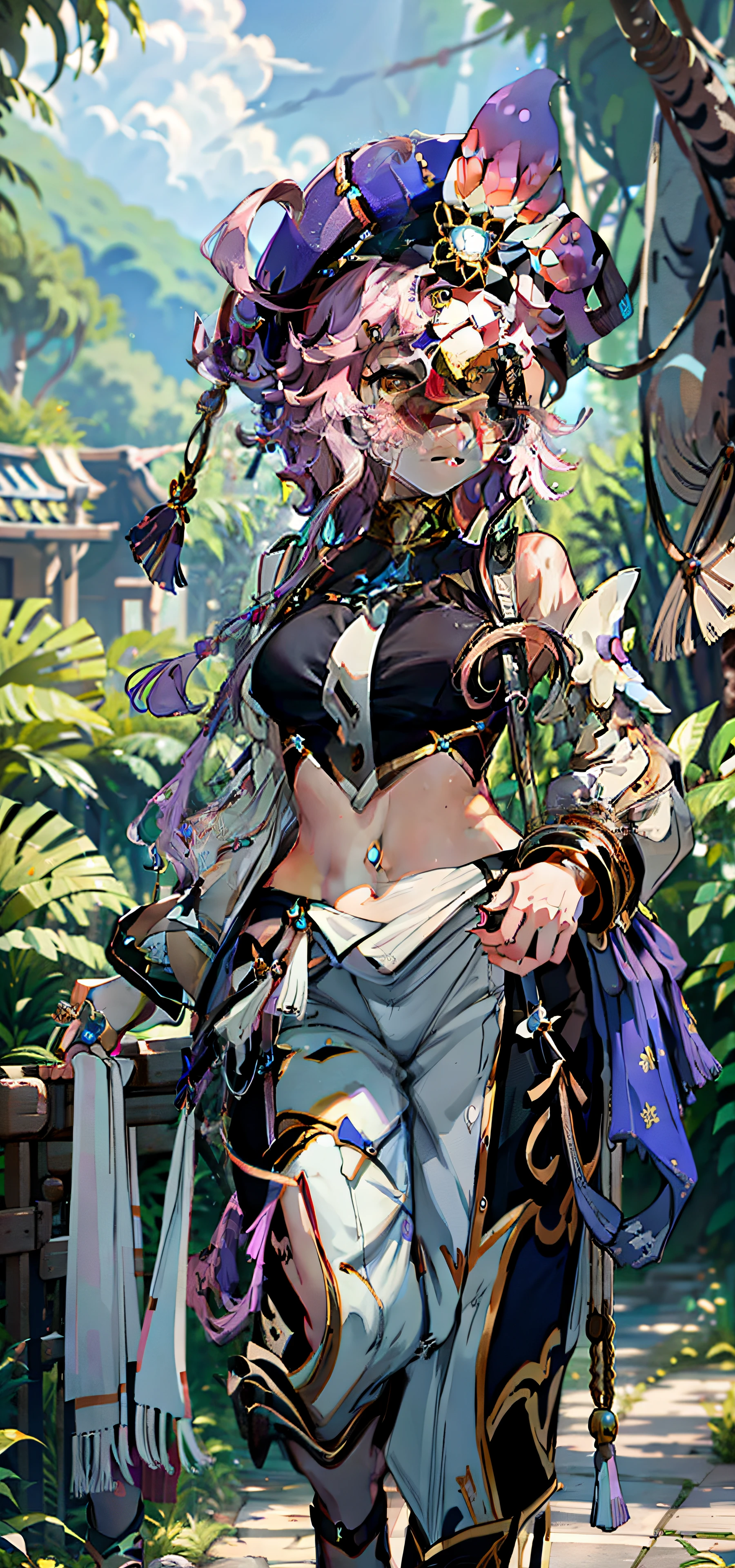 1female，25 age old，Large breasts，long leges，Big breasts Thin waist，Pornographic exposure， 独奏，（Background with：ln the forest，the rainforest，in summer） She has long purple hair，standing on your feet，Sweat profusely，drenched all over the body，seen from the front， curlies， mostly cloudy sky，（（（tmasterpiece），（Very detailed CG unity 8K wallpaper），best qualtiy，cinmatic lighting，detailed back ground，beatiful detailed eyes，Bright pupils，（Very fine and beautiful），（Beautiful and detailed eye description），ultra - detailed，tmasterpiece，）），facing at camera，A high resolution，ultra - detailed），revealing breasts，Bare genitalia， Bulge，Camel toes，Raised sexy，Flushed complexion，Open-mouthed，frontage，（Wearing：Korean national costume，Pantyhose）nakeness，high-heels, large ass