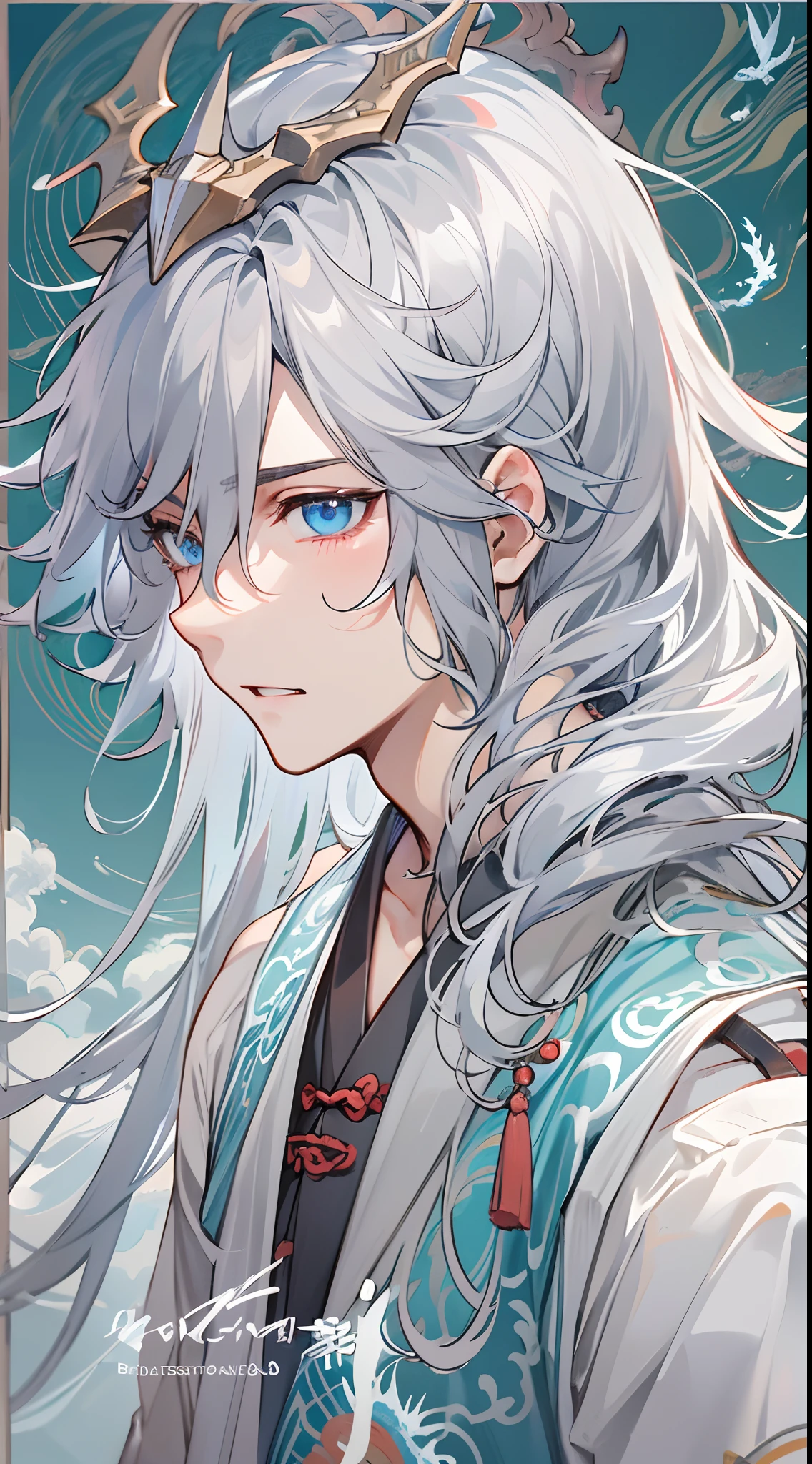 tmasterpiece,Need,超高分辨率,shoun,Chinese ancient style,(Short silver-gray hair),blue color eyes,Libido boy,adolable,banya,Dragon tail,The corals,Clouds,wave,Kamimei