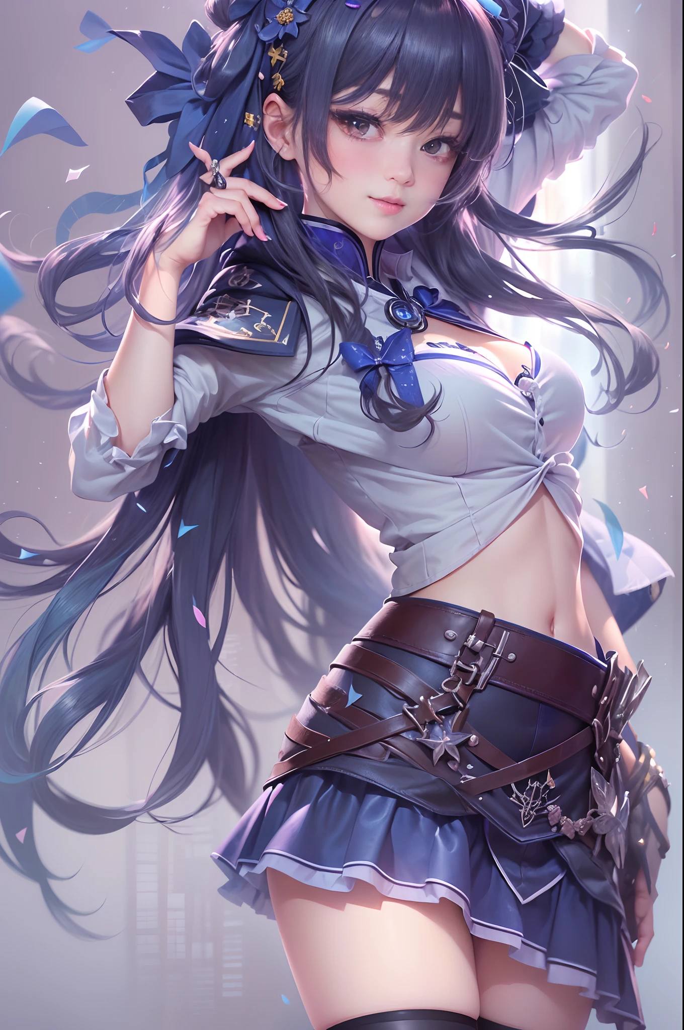 ((16ｋ,Raw photography,top-quality,hight resolution,Ray tracing,PBR Texture,Post-processing,)),(((Dark blue leather bondage skirt , Cute Japan anime girl,魔法少女まどか☆マギカ,Homura Akemi,Long long indigo hair,Emphasize cleavage,bare hand,Thin leg,Fingers depicted in detail,Slender legs,)))(finerly detailed face:1.4),(​masterpiece:1.4),(top-quality:1.4), Beautiful fine skin,(cute little:1.5),(Complex fishnet stockings),pin heels,Leather luster 3.0,Beautiful skin,(Bodycon with beautiful embroidery),((tthin eyebrows,long eyelashes,smil,二重まぶた,)),No title required,Do not wear anything on your shoulders, Nasty figure, activity,Create a beautiful light effect in the background、Create the effect of confetti in the background,