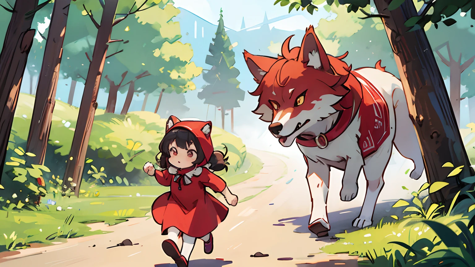 Big wolf running with Little Red Riding Hood on his back