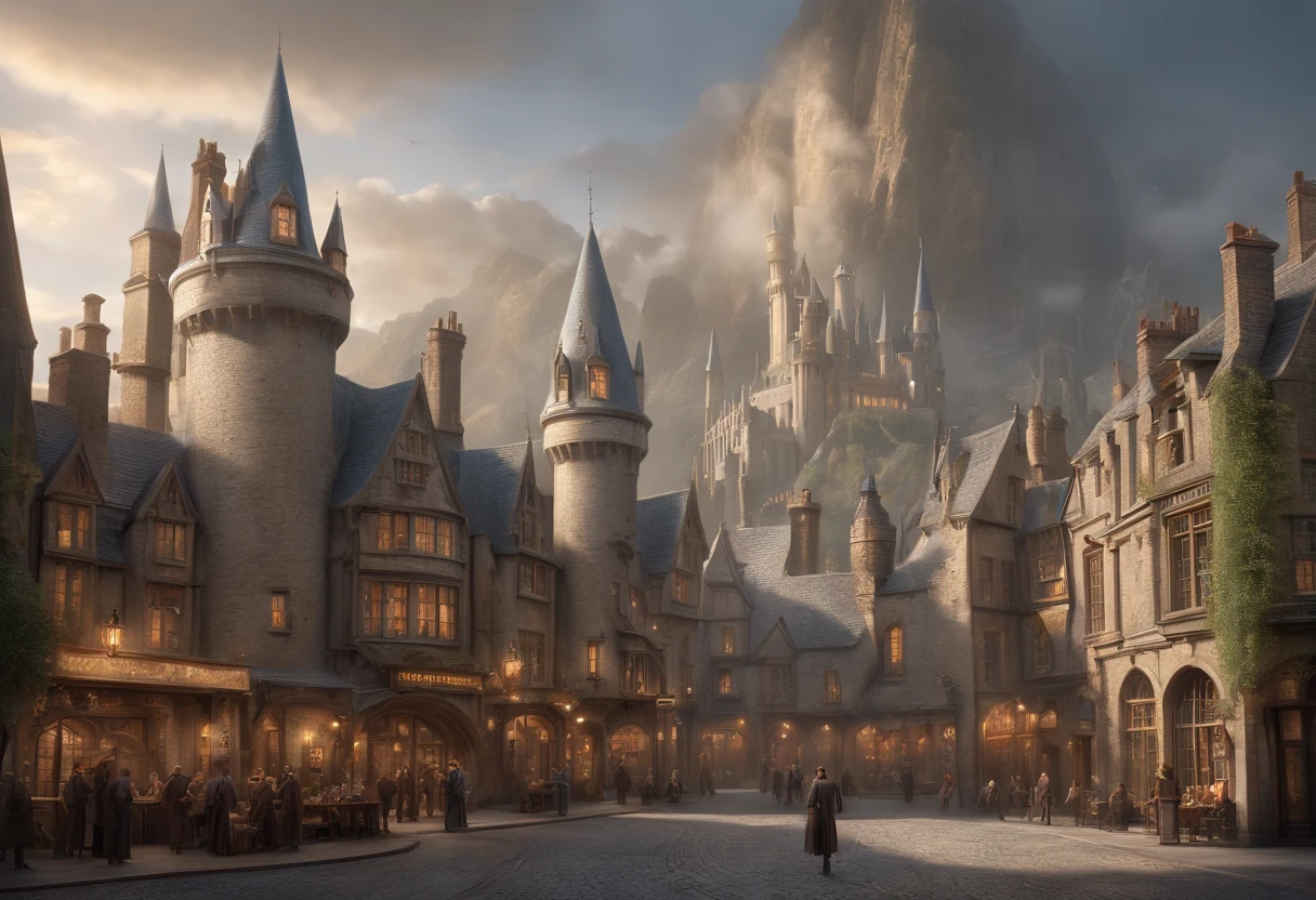 Fantasy art, very wide angle shot, Painting, Detailed , Deviant-art, contest winner, concept-art, , tim hildebrandt, fantasy, ((((Steampunk City)))),,In the daytime,, dreamlike realism, art  stations ,, The style of Adrianous Everson ,Not aesthetic architecture, cinematic Film still from,greg rutkovsky, Create reminiscent of《Harry Potter》The scenery of the movie, Diagon Alley and Gringotts exterior，Use intricate details and dynamic design，Immerse your audience in a magical world. An illustration depicting an《Harry Potter》The awe and confusion evoked by the film.