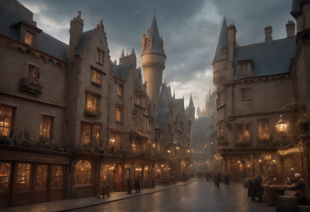 Fantasy art, very wide angle shot, Painting, Detailed , Deviant-art, contest winner, concept-art, , tim hildebrandt, fantasy, ((((Steampunk City)))),,In the daytime,, dreamlike realism, art stations ,, The style of Adrianous Everson ,Not aesthetic architecture, cinematic Film still from,greg rutkovsky, Create reminiscent of《Harry Potter》The scenery of the movie, Diagon Alley and Gringotts exterior,Use intricate details and dynamic design,Immerse your audience in a magical world. An illustration depicting an《Harry Potter》The awe and confusion evoked by the film.