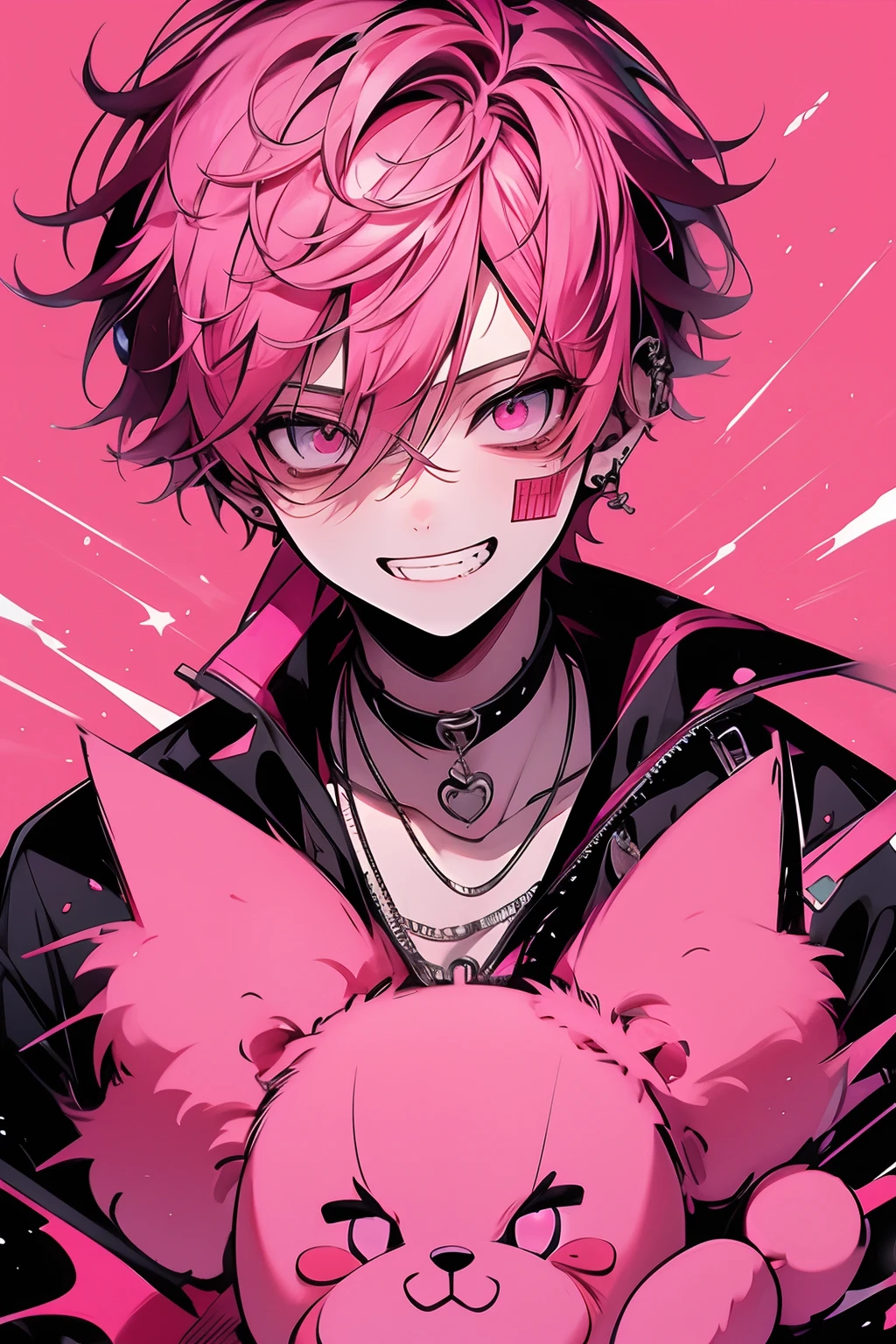 yandere, vivid pink, boy, boyfriend, male, smiling, grinning, action painting, dynamic