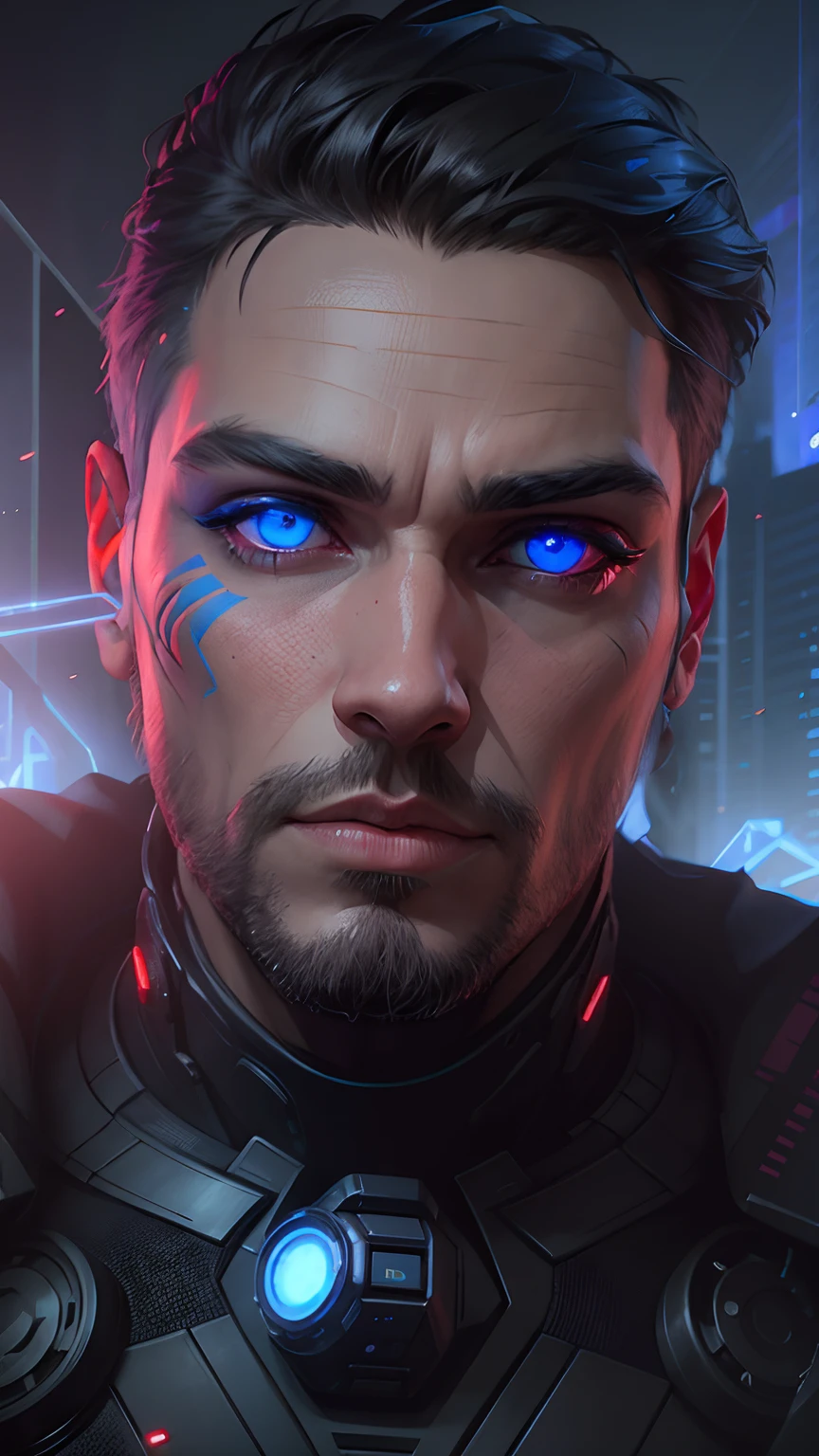 Creat cyberpunk animated avatar with red and blue eyes with robotic environment realistic face