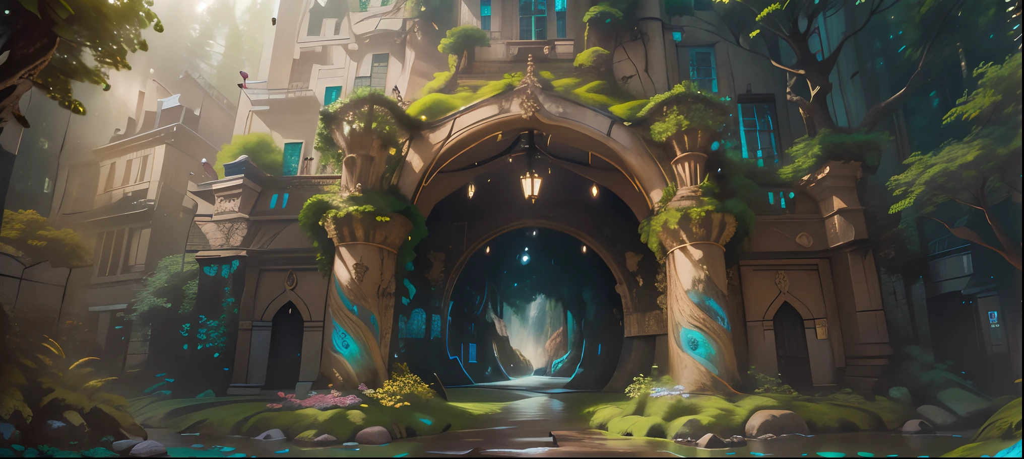 (best quality,8k,12k,highres,masterpiece:1.3),ultra-detailed,(realistic,photorealistic,photo-realistic:1.37),a traveler standing on a stone pathway in a mystical forest,beautiful detailed eyes,beautiful detailed lips,extremely detailed eyes and face,longeyelashes,medium: oil painting,a mysterious portal appearing in front of the traveler,enchanted atmosphere with soft golden light streaming through the trees,dense foliage and vibrant colors,an ancient stone archway covered in intricate carvings,unusual plants and flowers with glowing petals,a flock of colorful birds fluttering around the traveler,ethereal mist swirling around the portal,another world revealed on the other side of the portal,an exotic and breathtaking landscape with towering mountains and cascading waterfalls,majestic creatures and mythical beings,an unexpected encounter with friendly locals,dazzling architecture and elaborate structures, vibrant markets full of exotic goods and bustling crowds,a journey filled with wonder, discovery, and the power of transformation,palette: vibrant and vivid colors,breathtaking lighting and mesmerizing shadows,creating a sense of awe and mystery.
