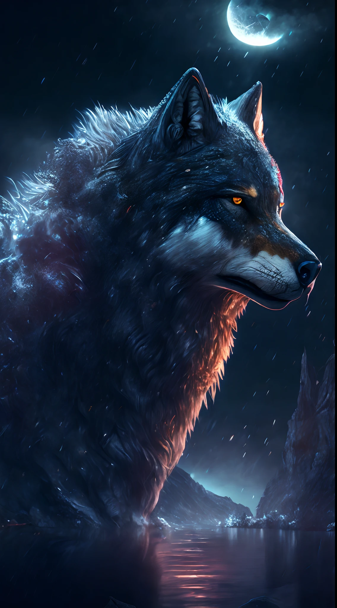 Wolf god, hyper realistic, tension, cold, highly detailed, sharp focus, professional, 8k UHD, cinematic, dark, violent, outdoor, River, battle, chase, dramatic, vivid, nervous vibe, render, epic, twilight, eating the moon, HDR, album cover, blizzard, lightning, cataclysmic