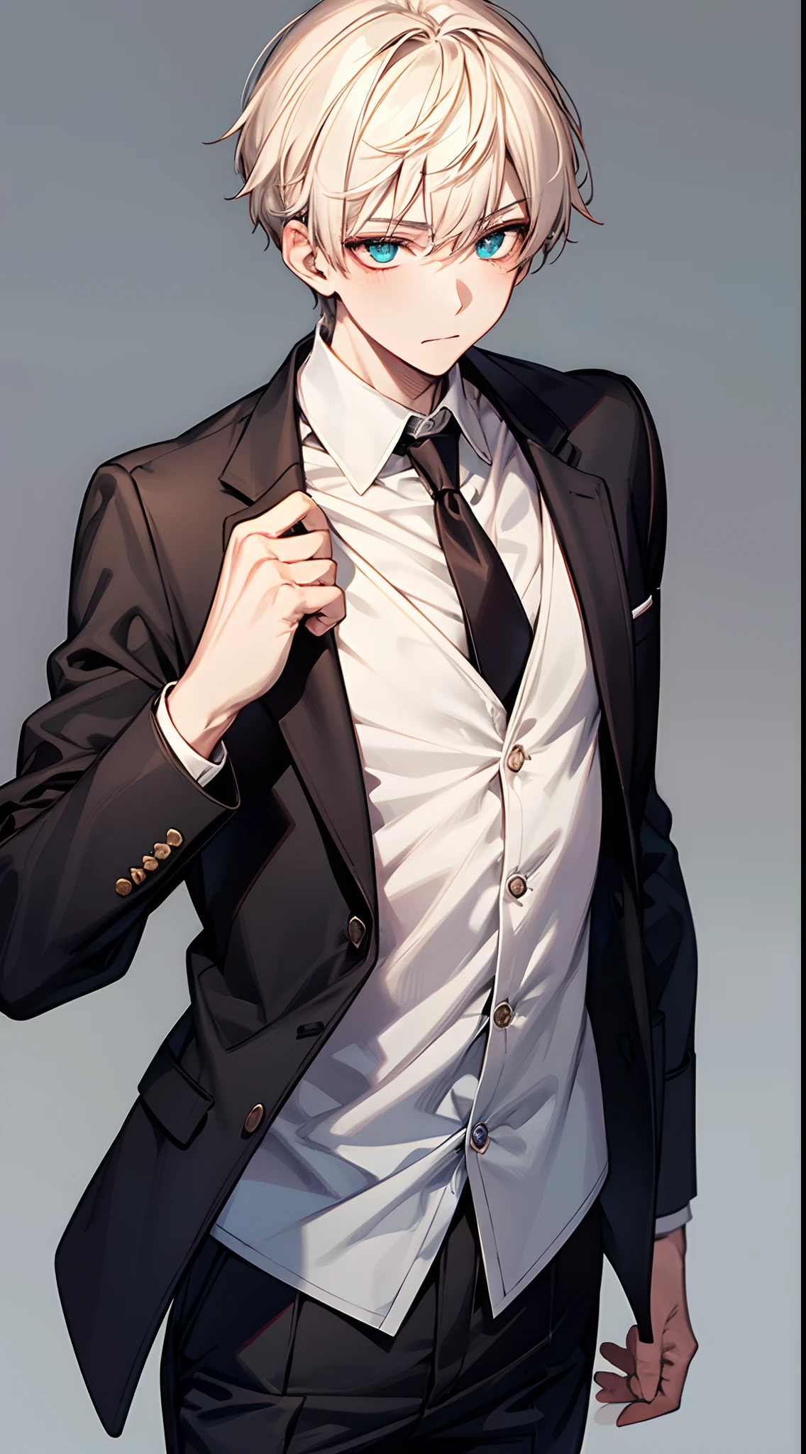 1boy, Face Focus, [[[[[[[Gamine]]]]]]], frontage,[[[Standing Picture]]],[[[[full bodyesbian]]]],jaket、jaket, white  shirt, neck tie,Shorts Top Quality, adopt, A detailed face, simple background、white backgrounid、[[[Golden hair]]]、[[[Green eyes]]]、Straight face